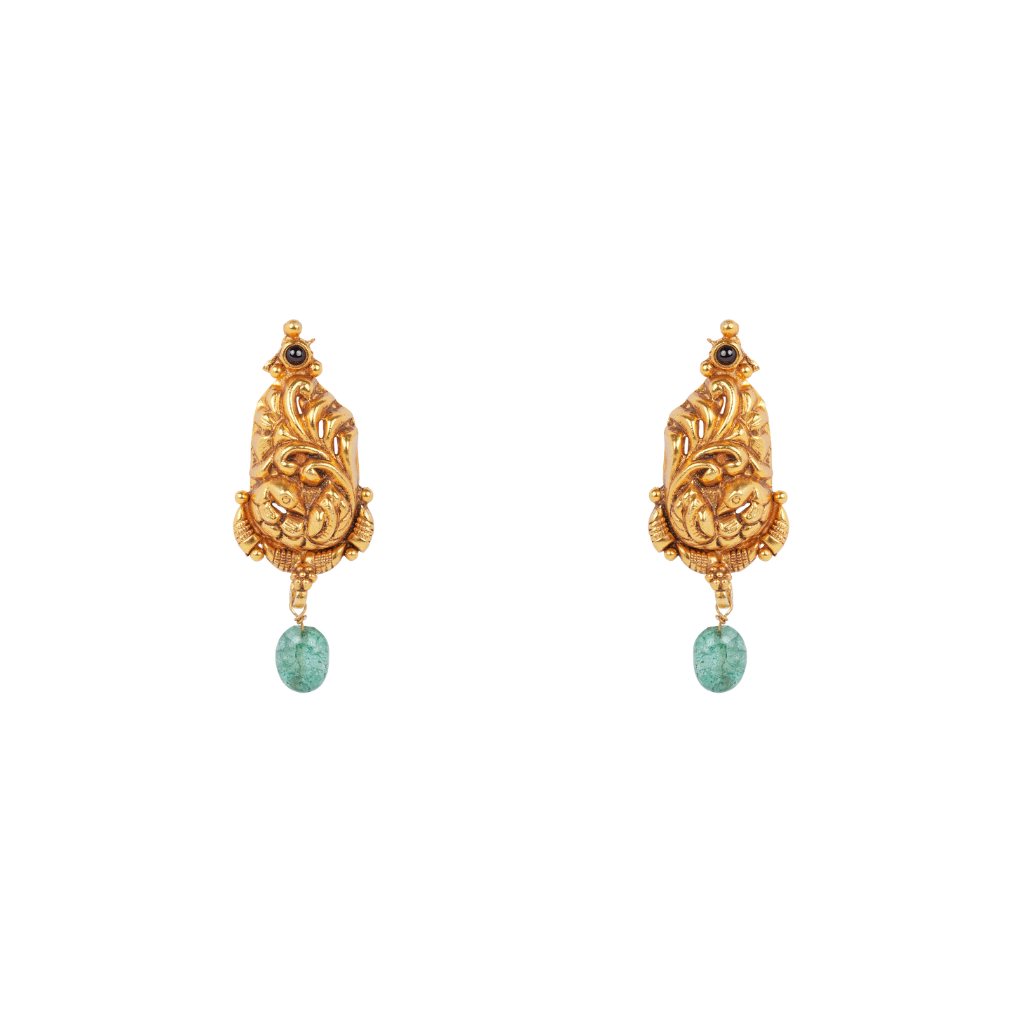 Antique Gold-Finish Peacock Crest Earrings with Emerald Drop