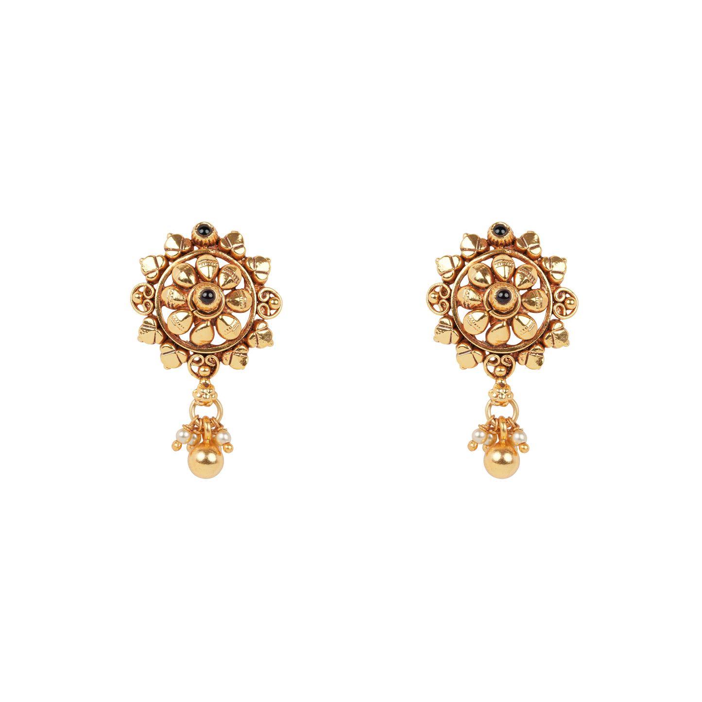 Antique Gold-Finish Kamala Drop Studs with Black Stone Accents