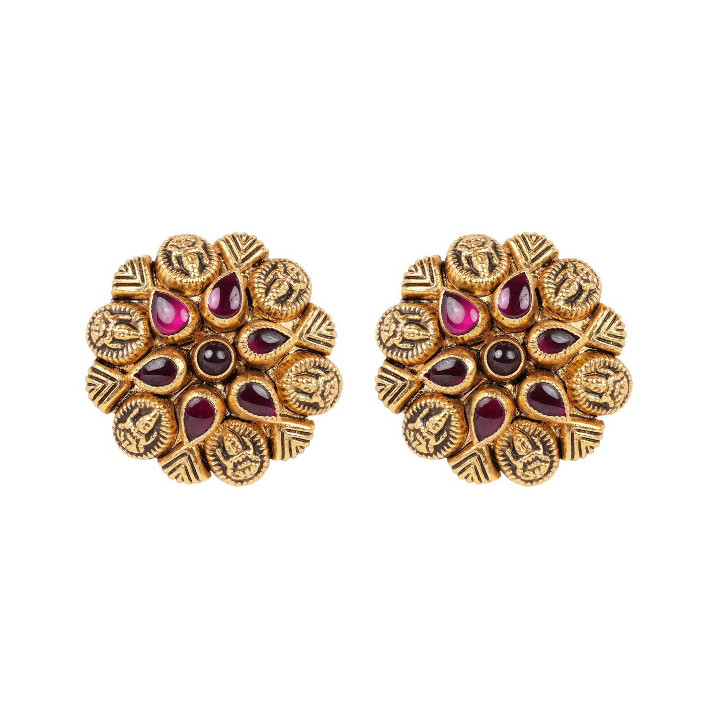 Antique Gold-Finish Nakshi Studs with Ruby Pear Accents