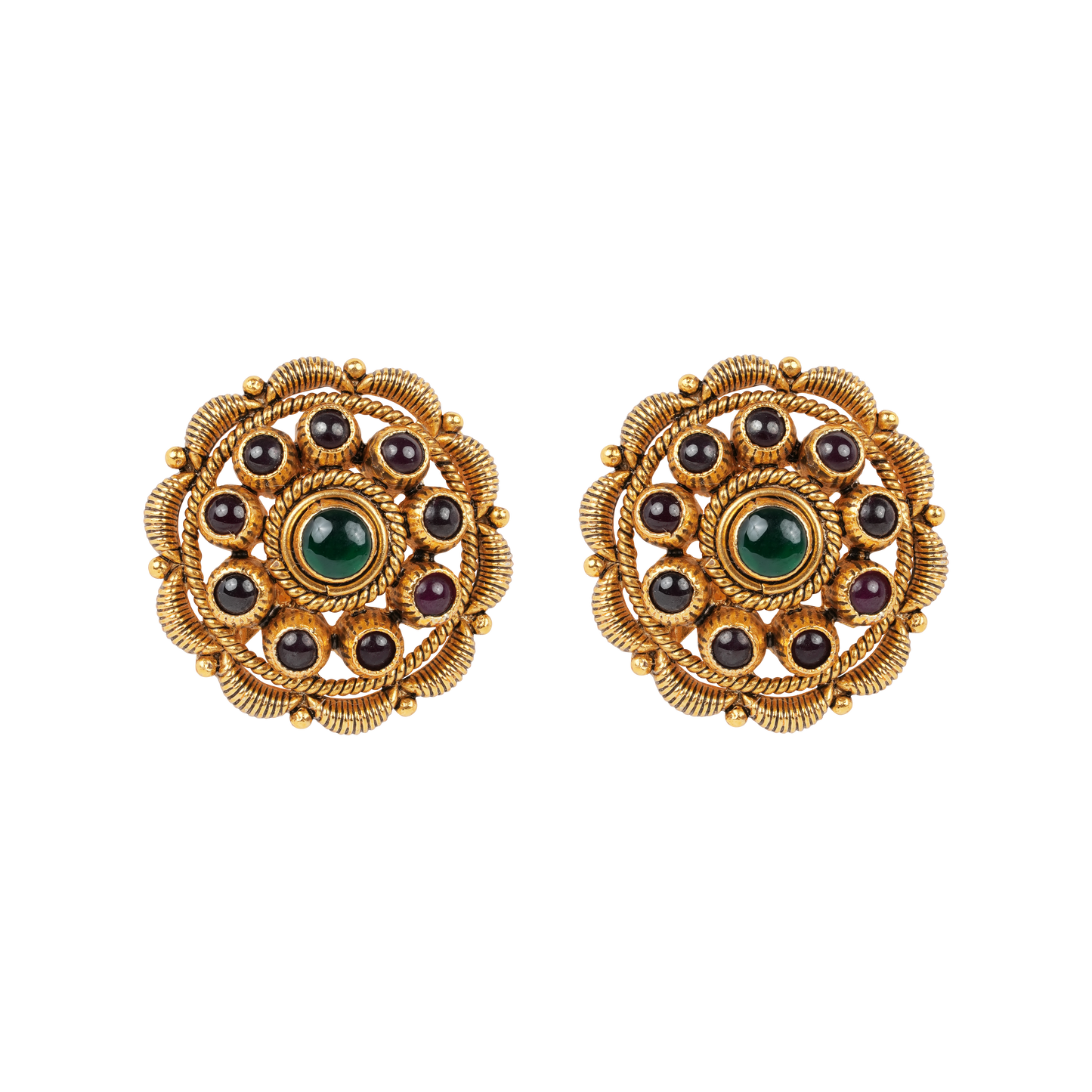 Antique Gold-Finish Chakra Studs with Emerald Core and Cabochon Orbit