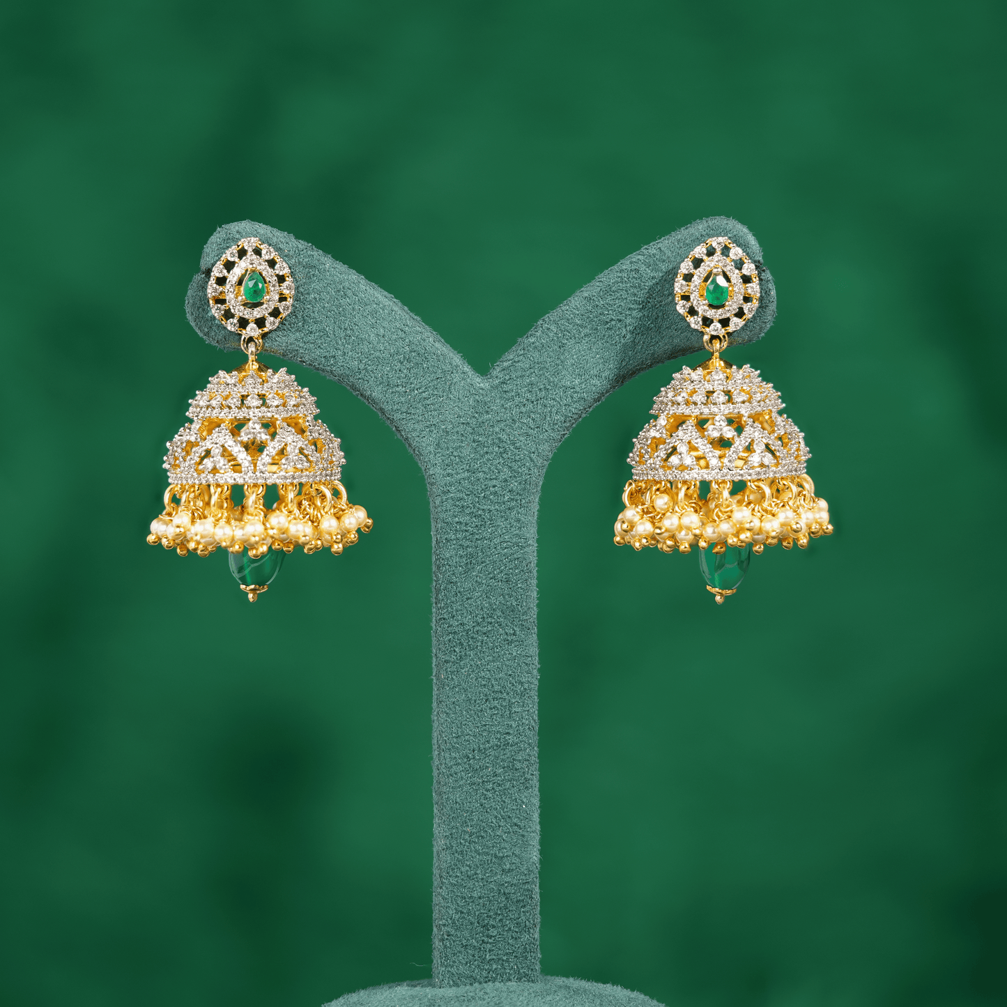 Regal Emerald & Gold Jhumka Earrings