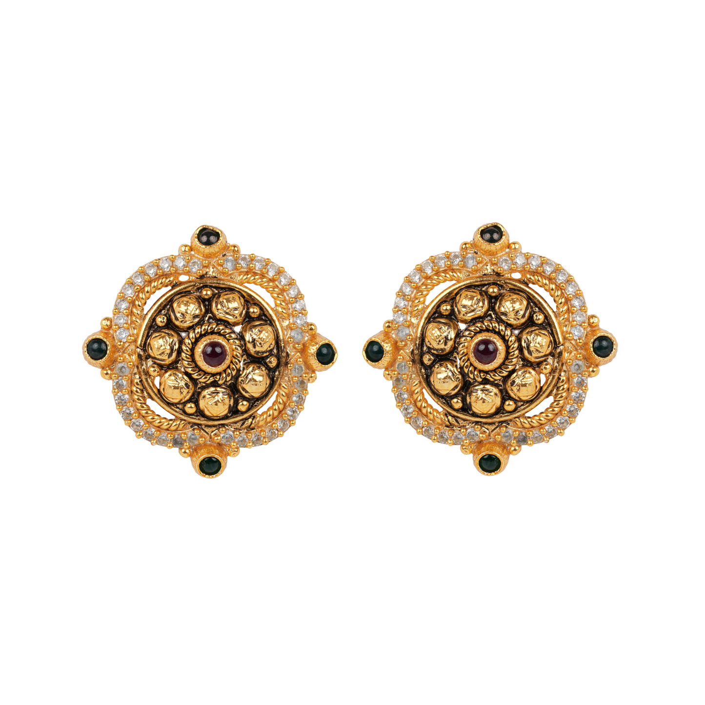 Antique Gold-Finish Chakra Studs with Kundan Highlights and Ruby Center
