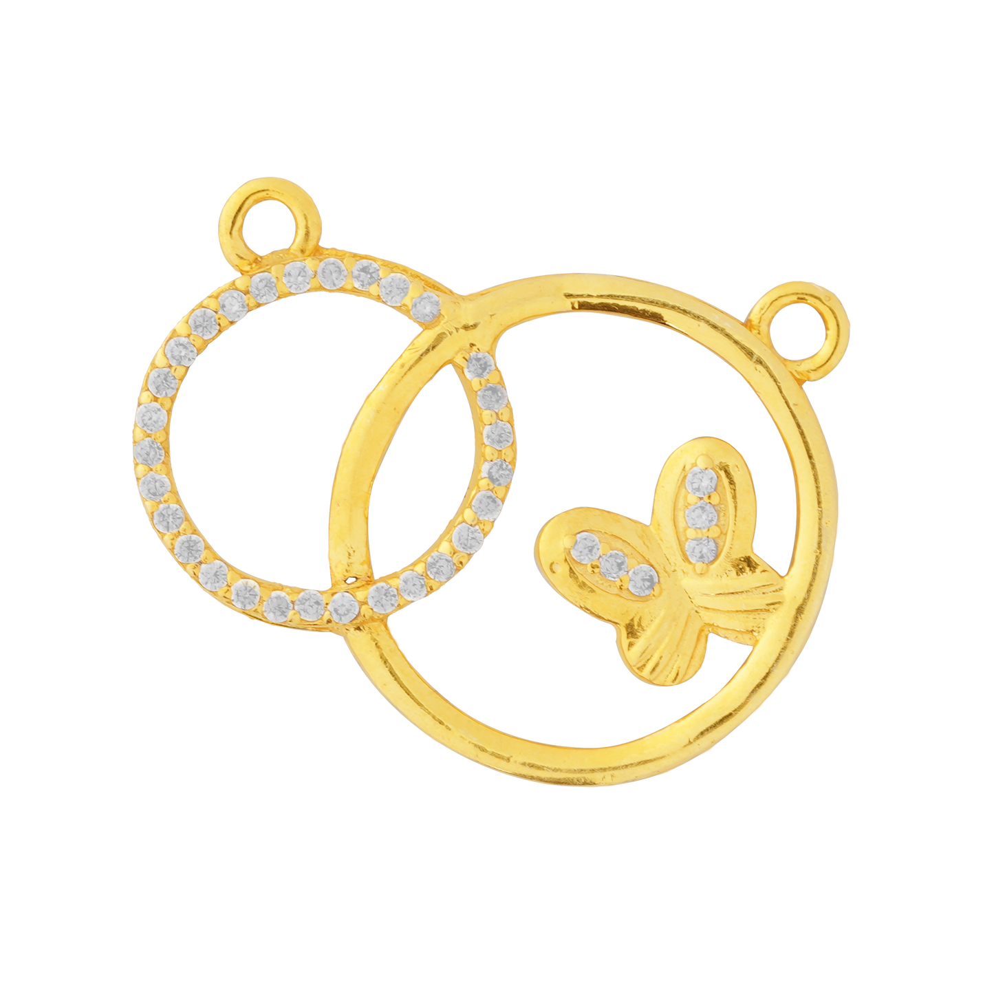 Elegant Gold Dual-Circle Pendant with Butterfly and Diamond Accents