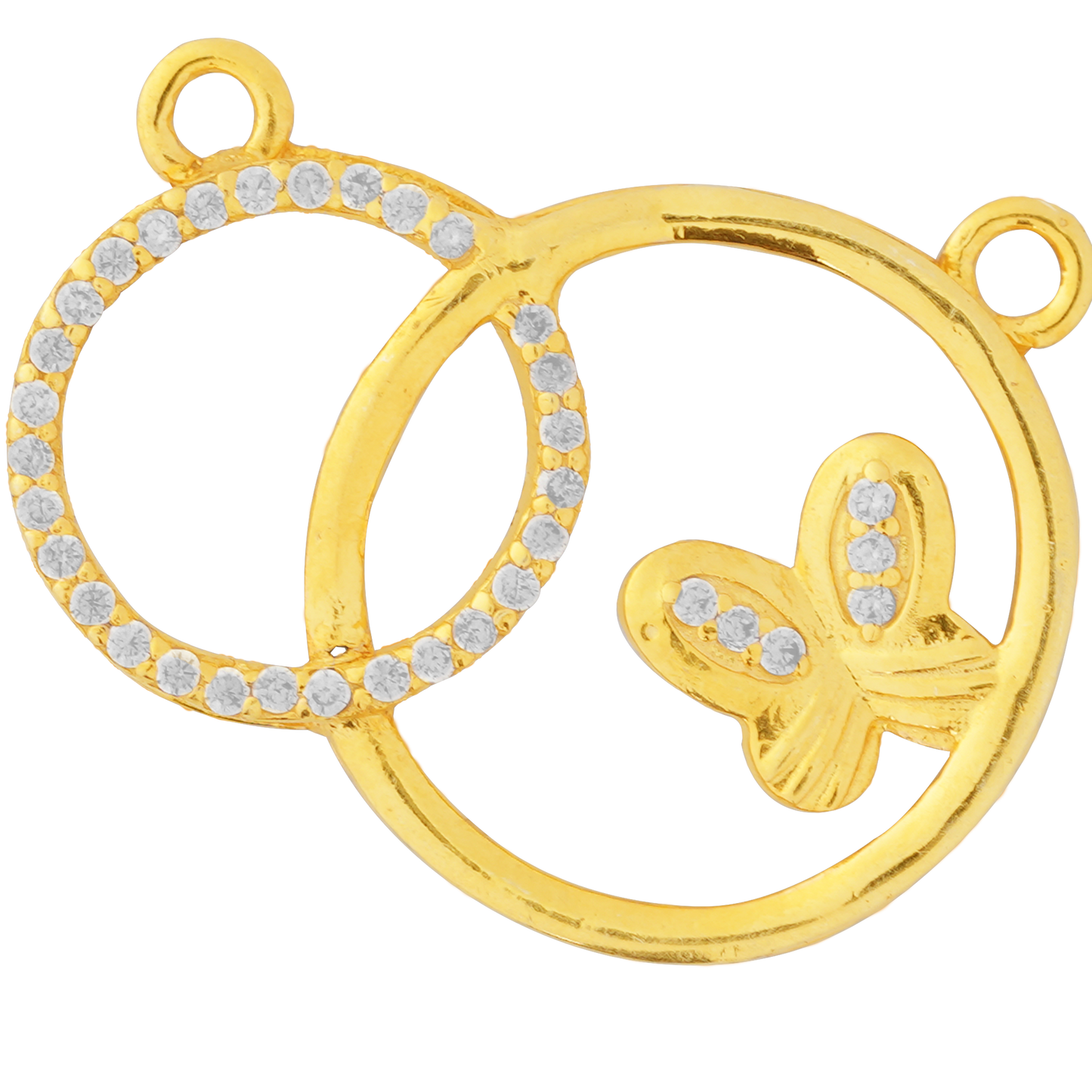 Elegant Gold Dual-Circle Pendant with Butterfly and Diamond Accents