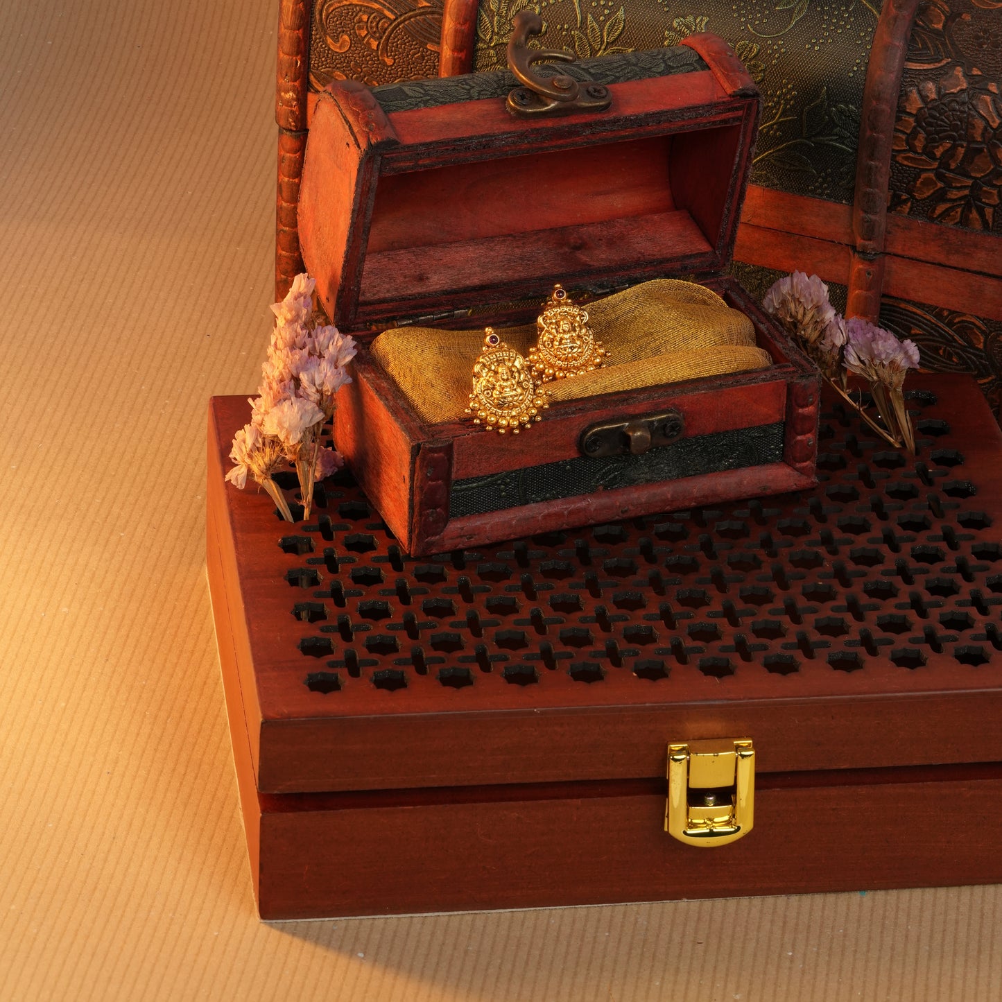 Antique Gold-Finish Lakshmi Jhumkas with Temple Ball Detailing