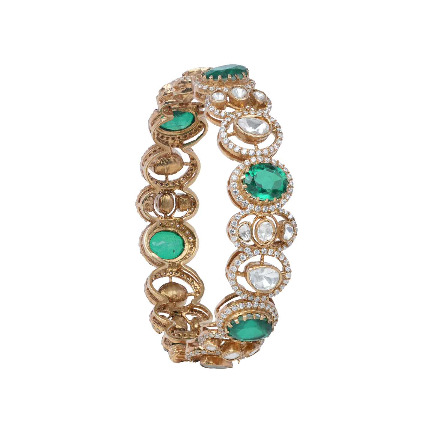 Zarina Emerald Halo Bangle with Crystal Polki Accents
