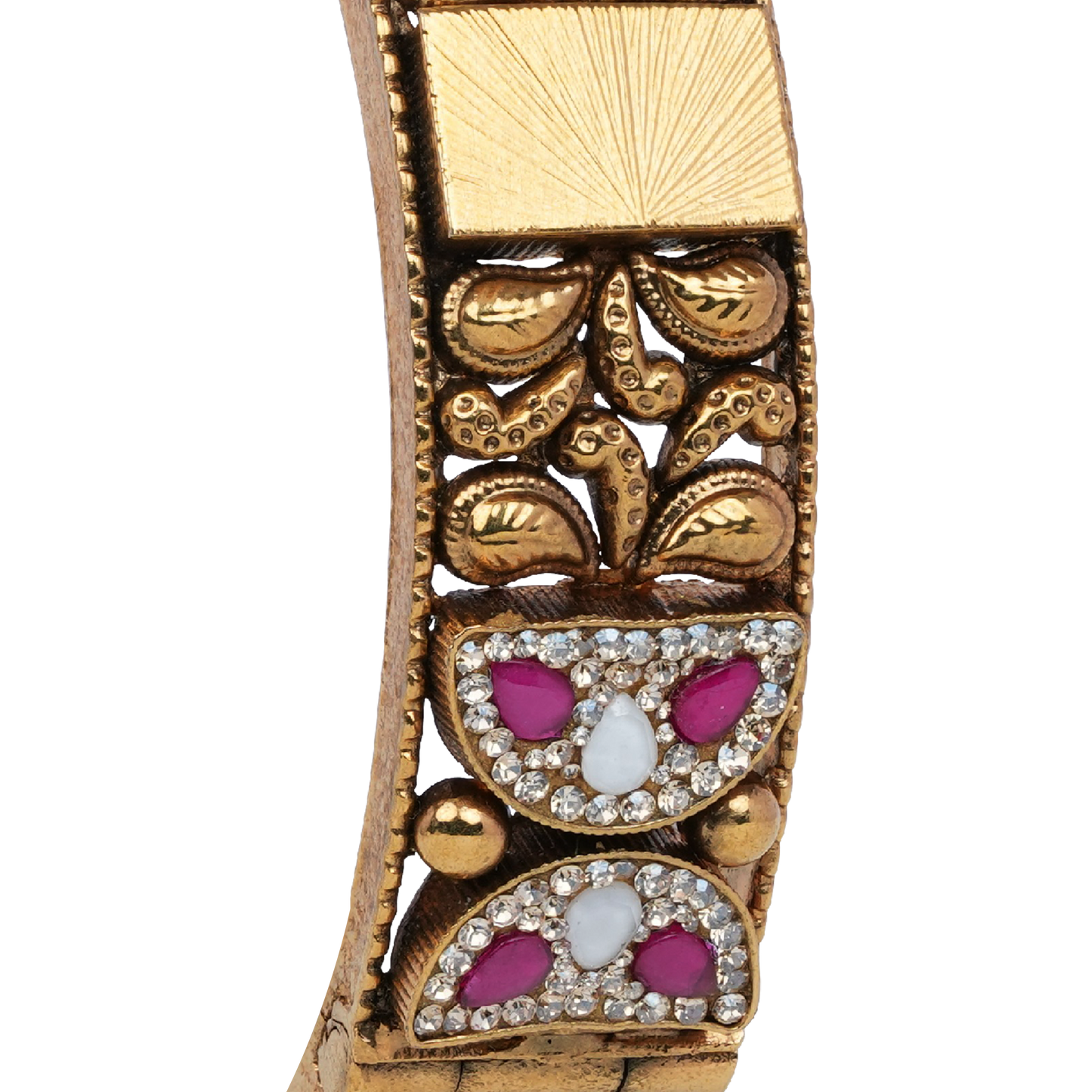 Saanvi Heritage Kada with Ruby-Emerald Panels and Antique Gold Finish