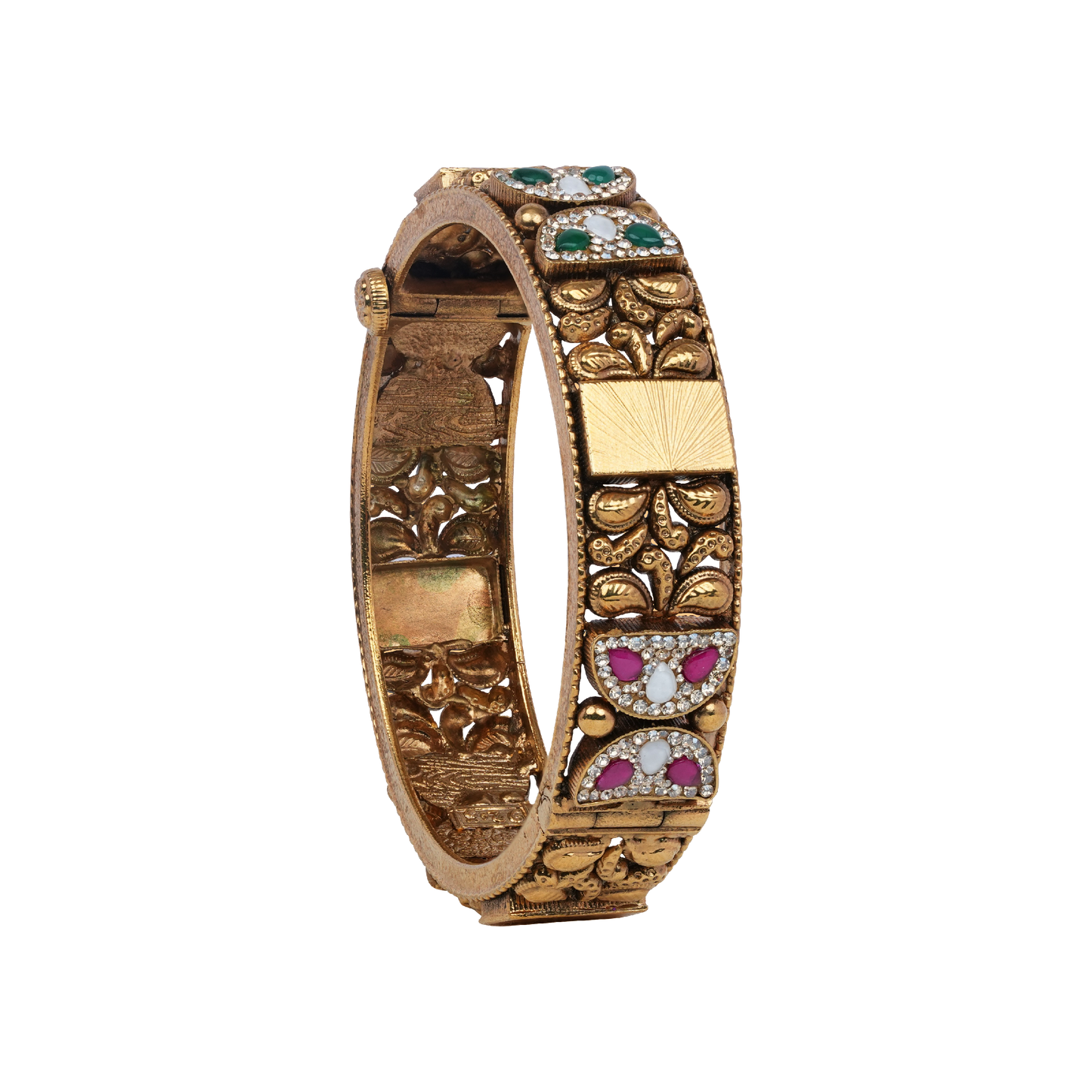 Saanvi Heritage Kada with Ruby-Emerald Panels and Antique Gold Finish