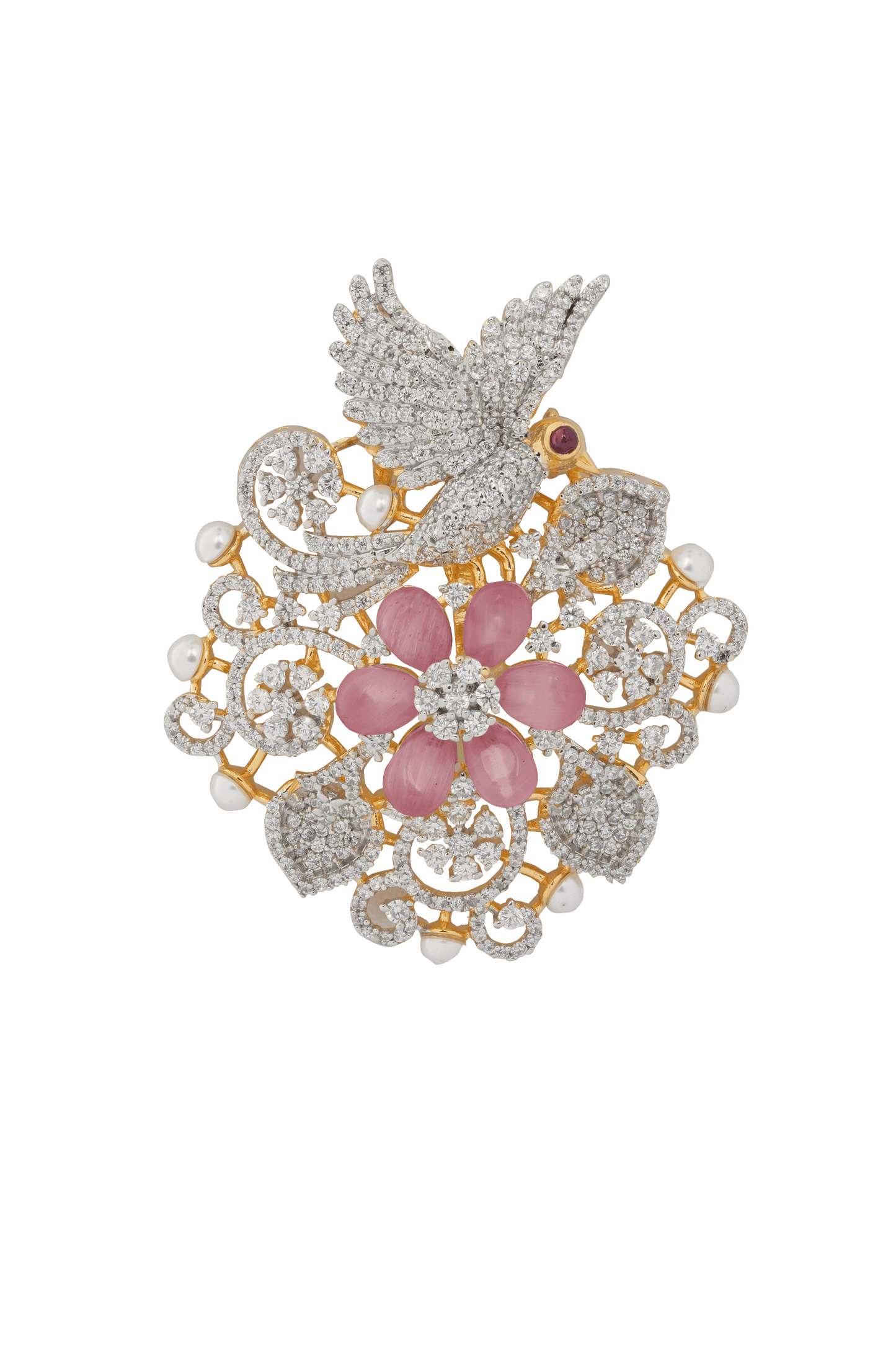 Blossom in Flight: Diamond Dove Brooch with Baby Pink Petal Bloom & Pearl Accents
