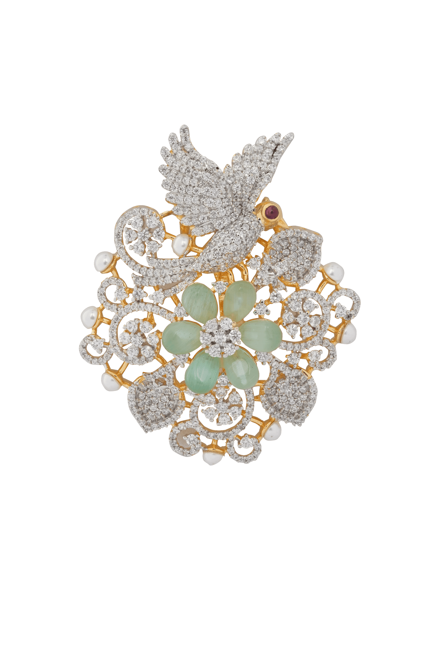 Blossom in Flight: Diamond Dove Brooch with Baby Pink Petal Bloom & Pearl Accents
