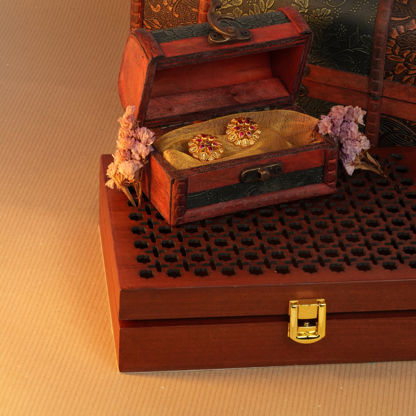 Antique Gold-Finish Nakshi Studs with Ruby Pear Accents