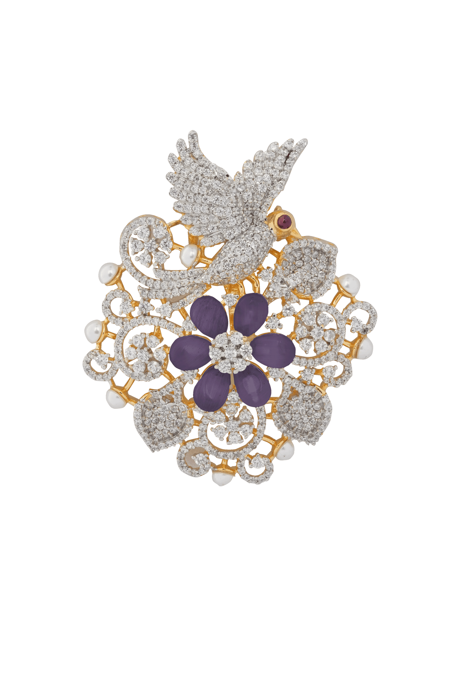Blossom in Flight: Diamond Dove Brooch with Baby Pink Petal Bloom & Pearl Accents