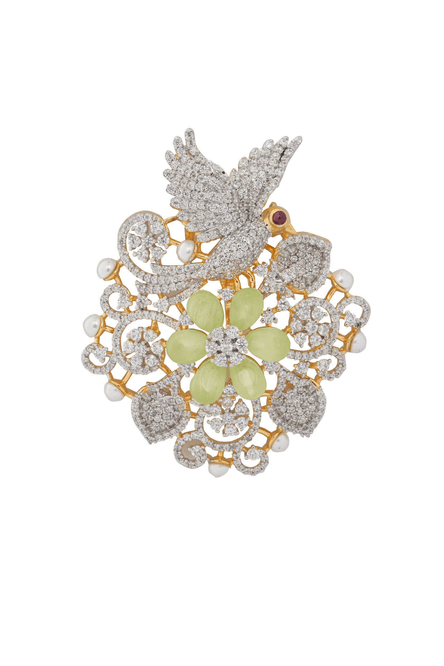 Blossom in Flight: Diamond Dove Brooch with Baby Pink Petal Bloom & Pearl Accents