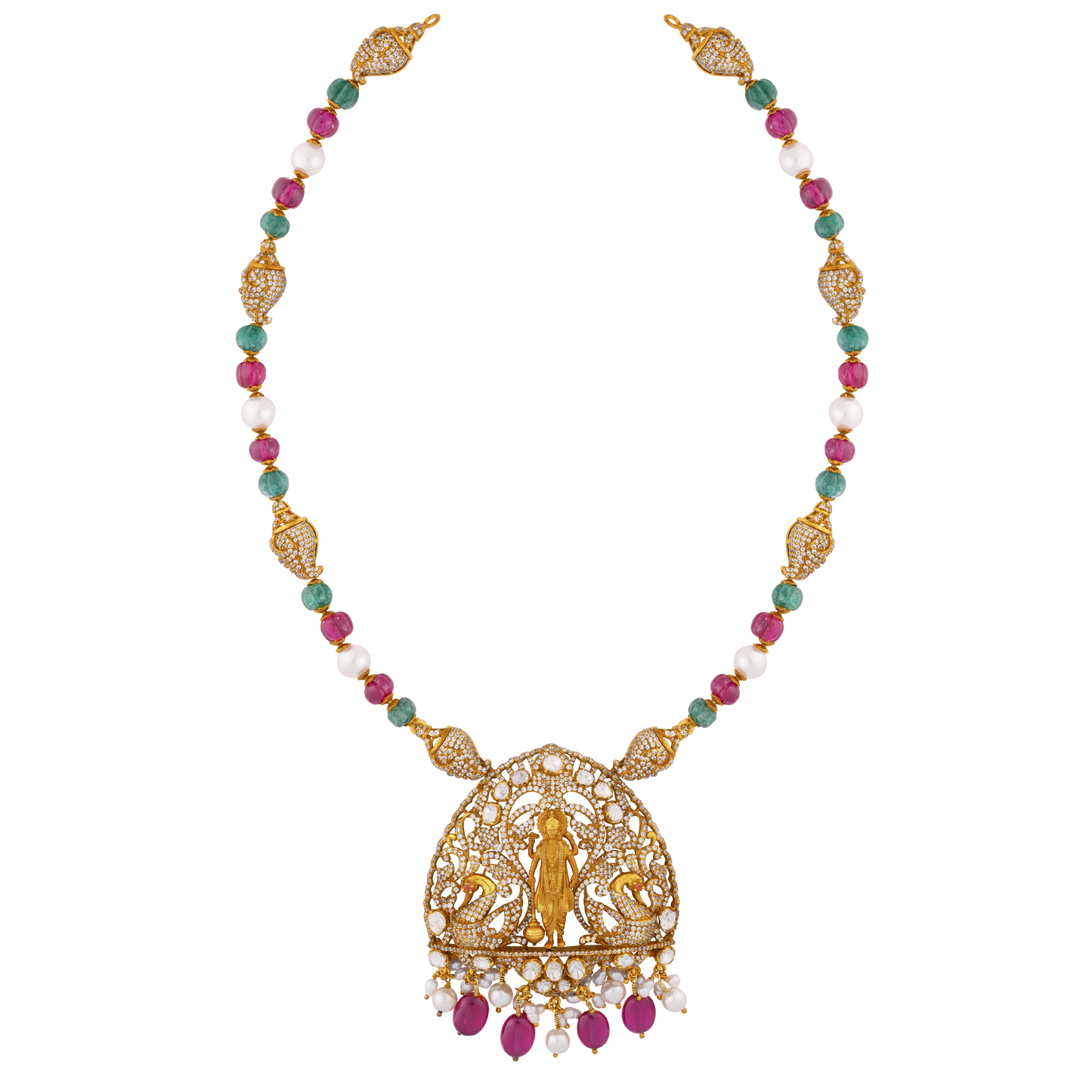 Graceful Victor Gold Haaram with Lakshmi Pendant, Ruby and Emerald Beads, and Pearl Accents