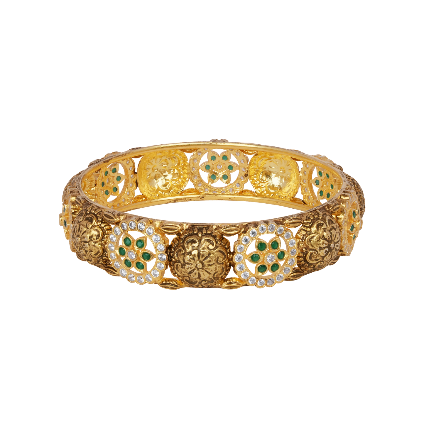 Opulent Floral Medallion Gold Bangle with Emerald and Diamond Accents