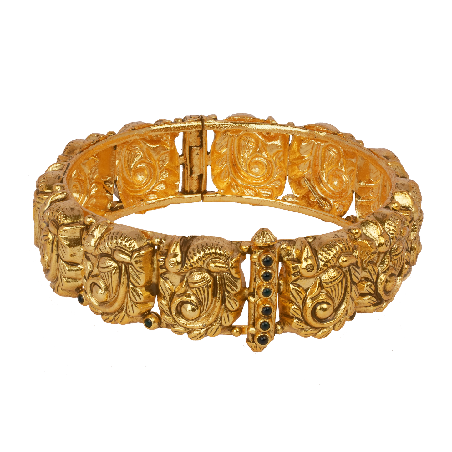 Mythical Peacock Gold Bangle with Emerald Detailing