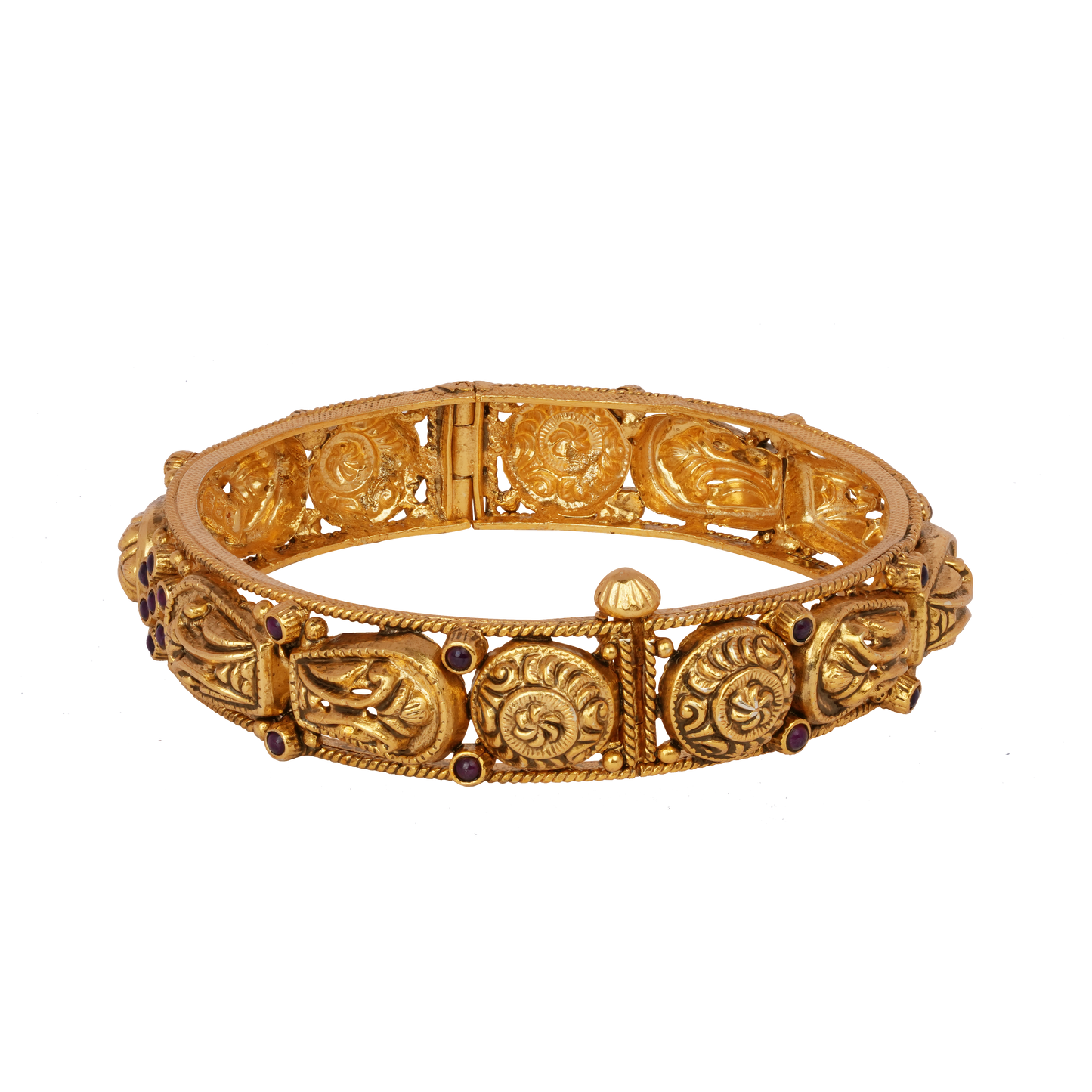 Antique Spiral and Paisley Gold Bangle with Ruby Embellishments