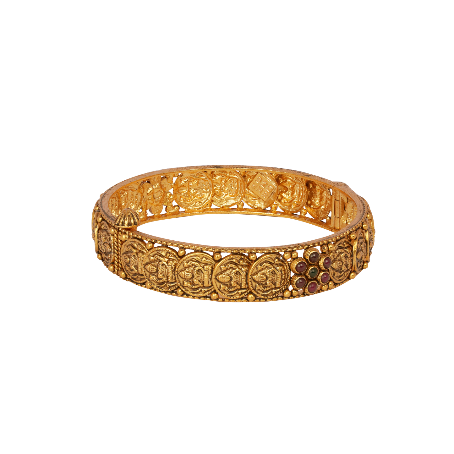 Sacred Lakshmi Gold Bangle with Temple Carvings and Ruby Highlights