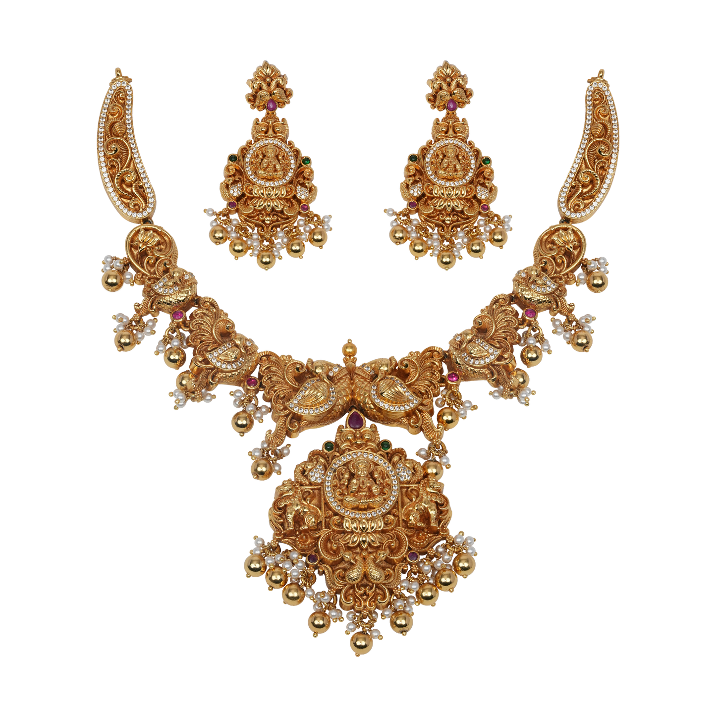 Divya Devi Temple Jewellery Set with Lakshmi Motif and Pearl Dangles