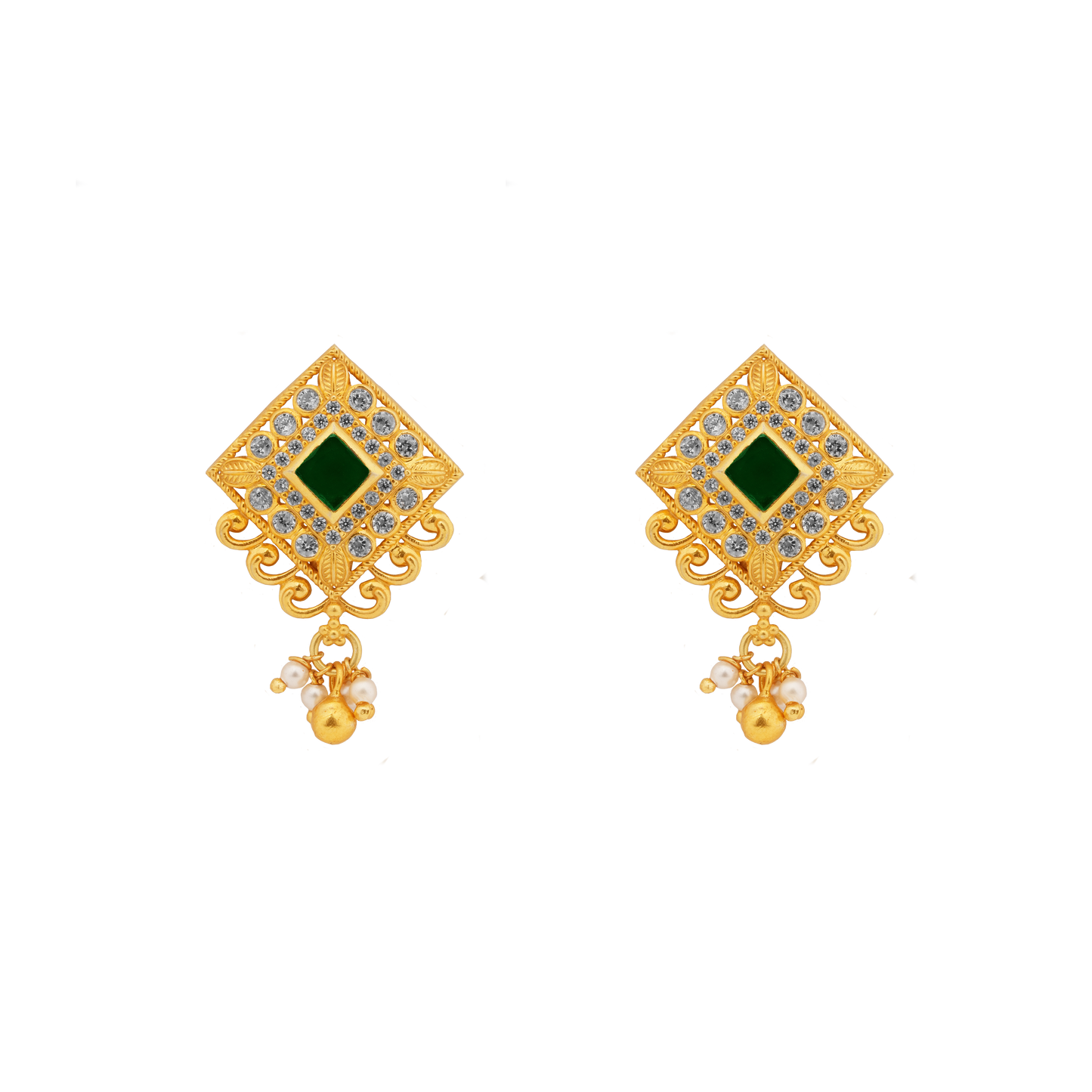 Meenakshi Emerald Square Chand Earrings with Pearl Drop