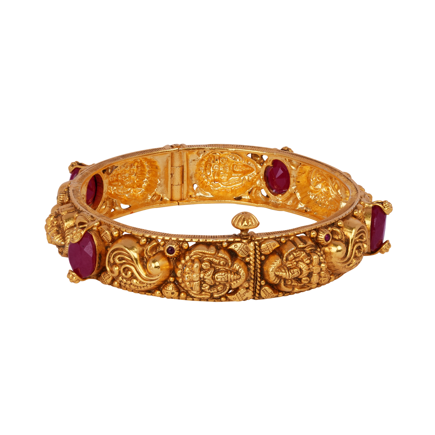 Divine Lakshmi Gold Bangle with Ruby Gemstone Embellishments