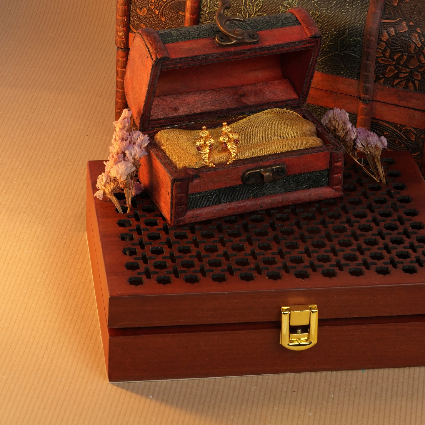 Antique Gold-Finish Vangi Studs with Ruby Bead Accents