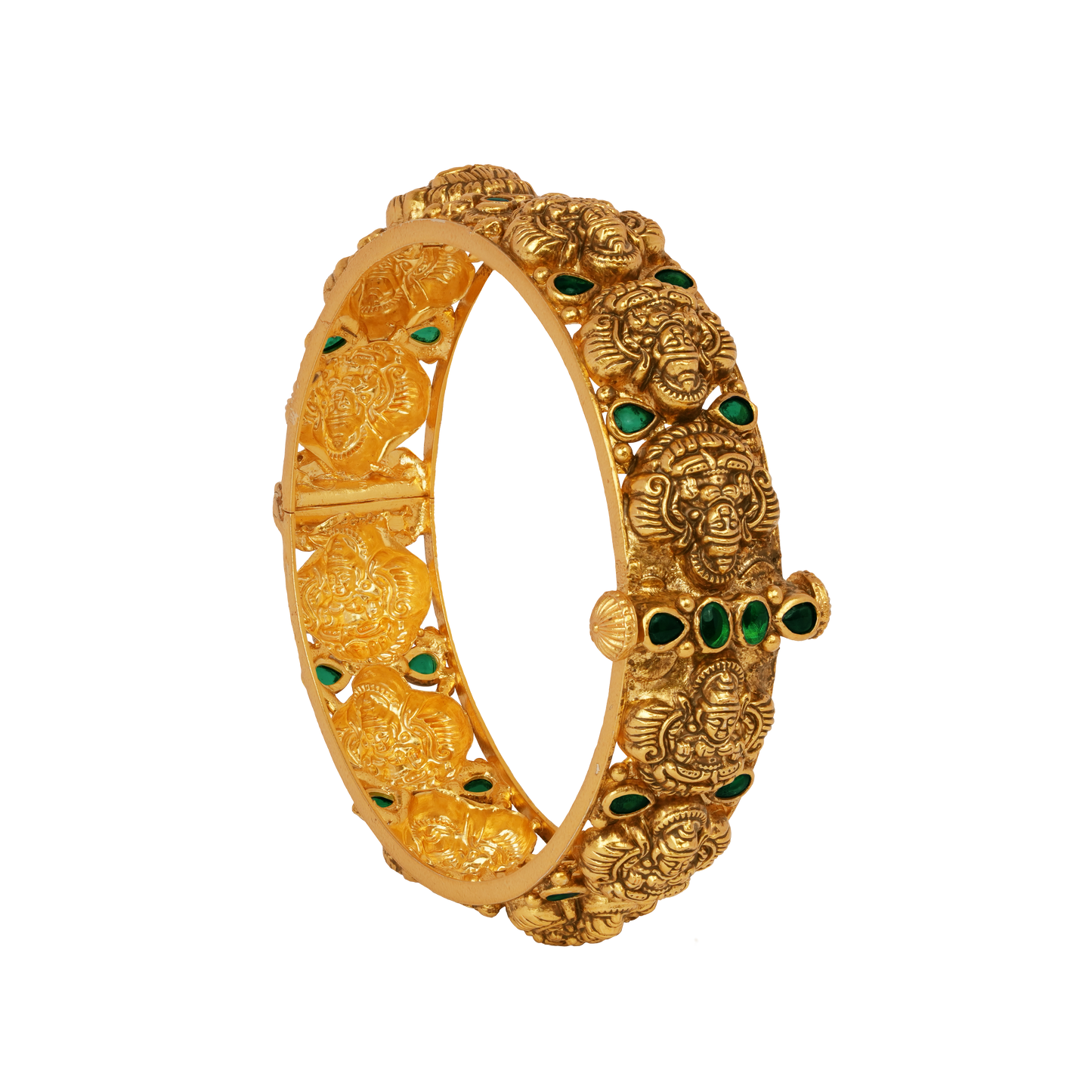 Temple Heritage Gold Bangle with Intricate Lion Motifs and Emerald Accents