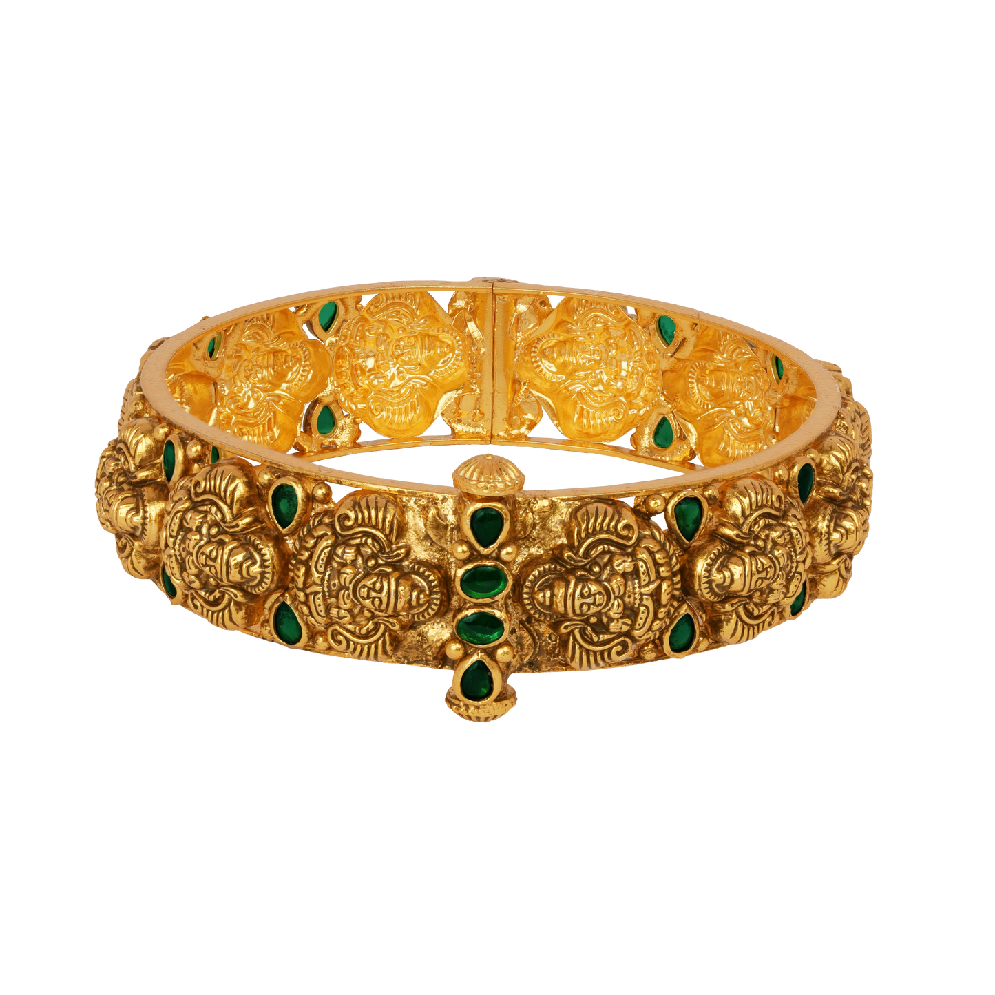 Temple Heritage Gold Bangle with Intricate Lion Motifs and Emerald Accents