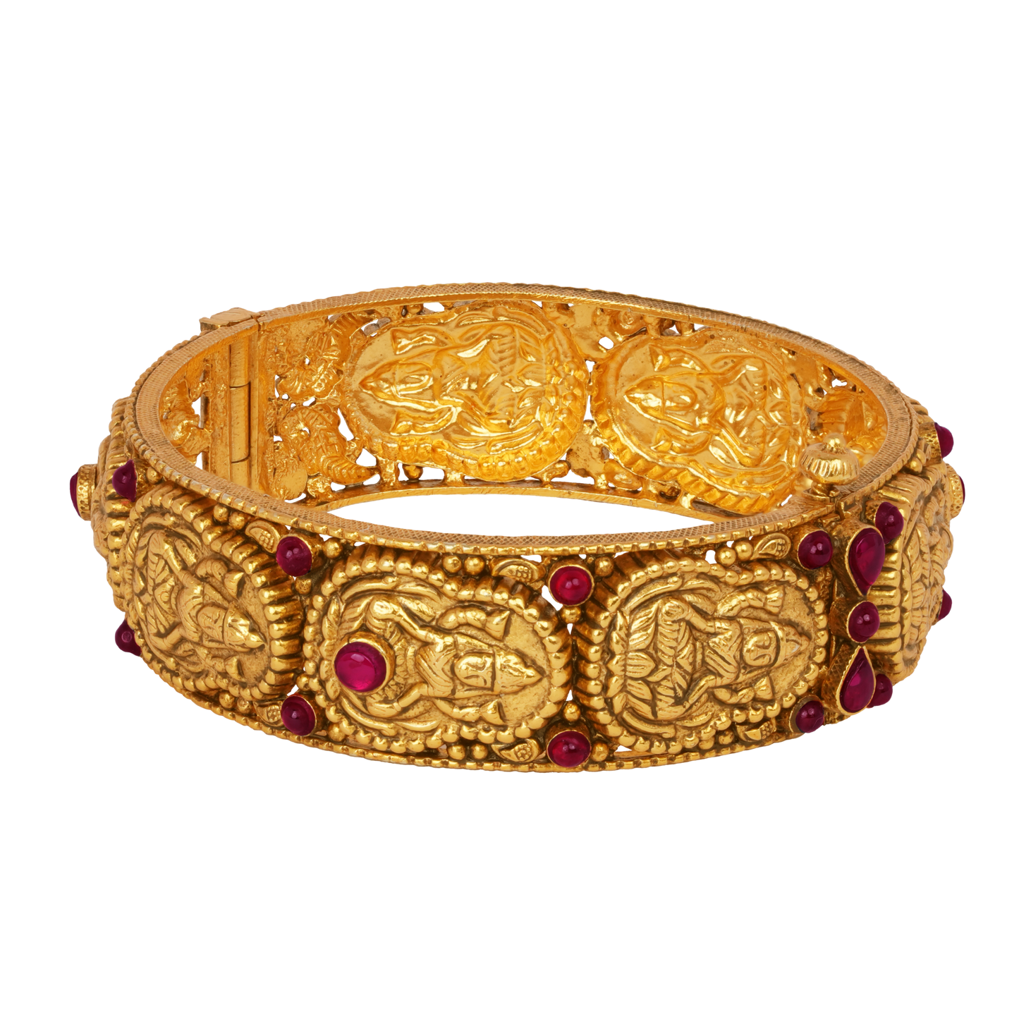 Divine Goddess Gold Bangle with Temple Motifs and Ruby Accents