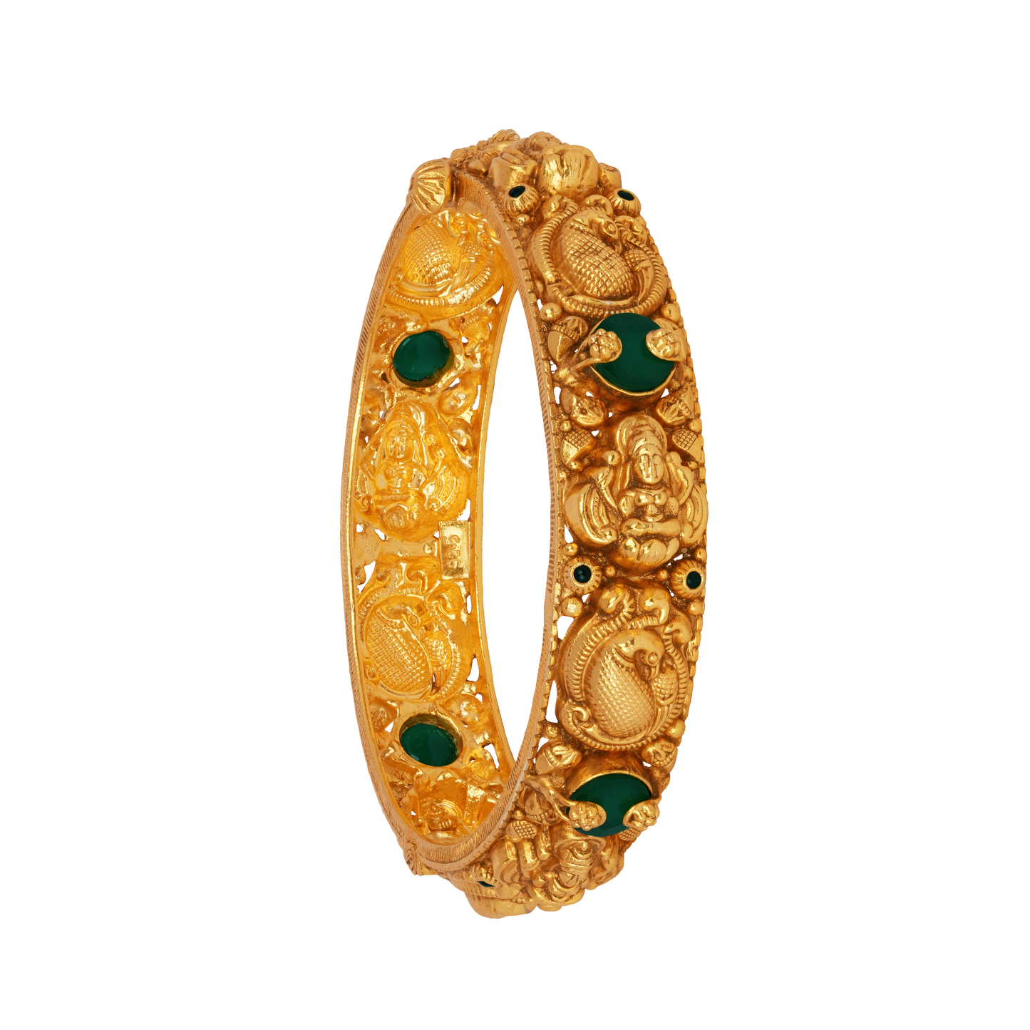 Majestic Lakshmi and Peacock Gold Bangle with Emerald Embellishments