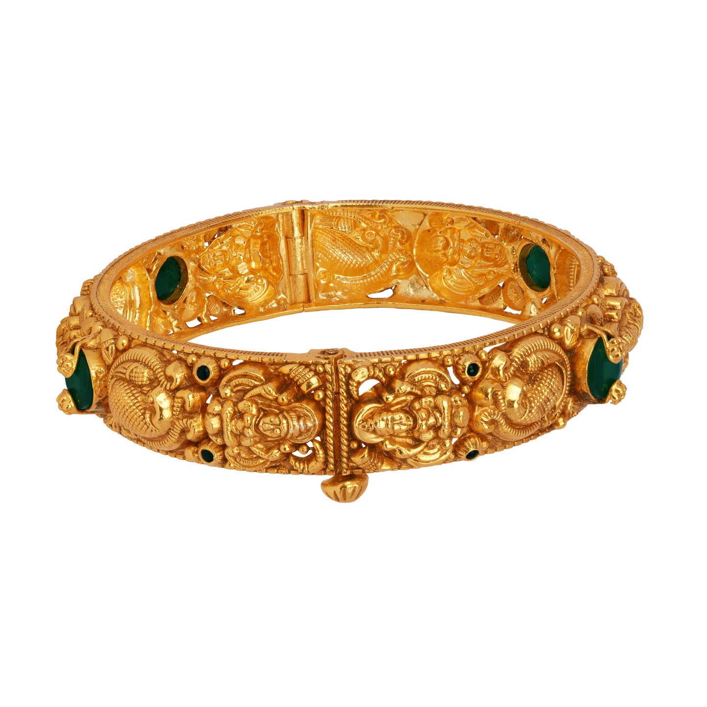 Majestic Lakshmi and Peacock Gold Bangle with Emerald Embellishments