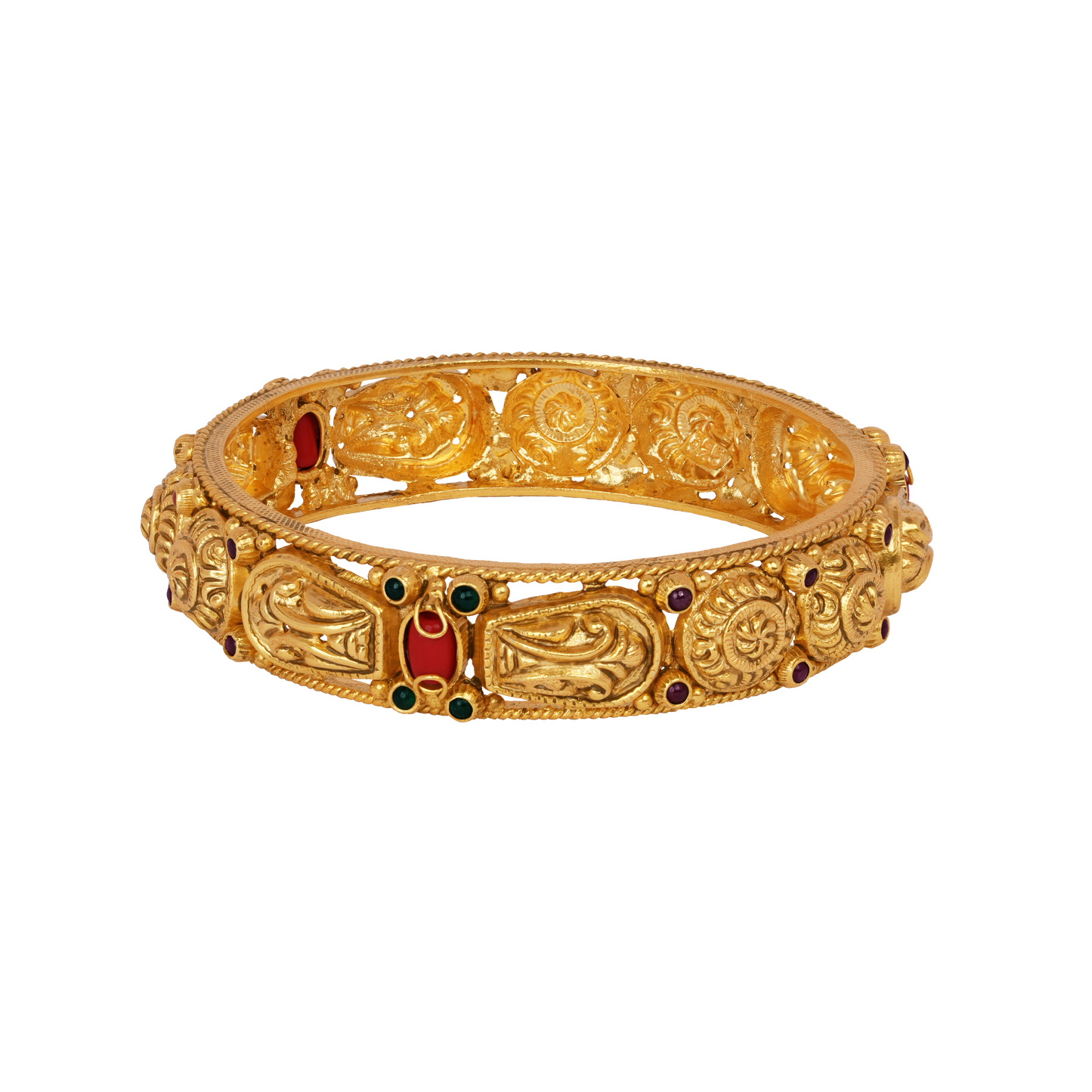 Royal Paisley Gold Bangle with Ruby and Emerald Accents