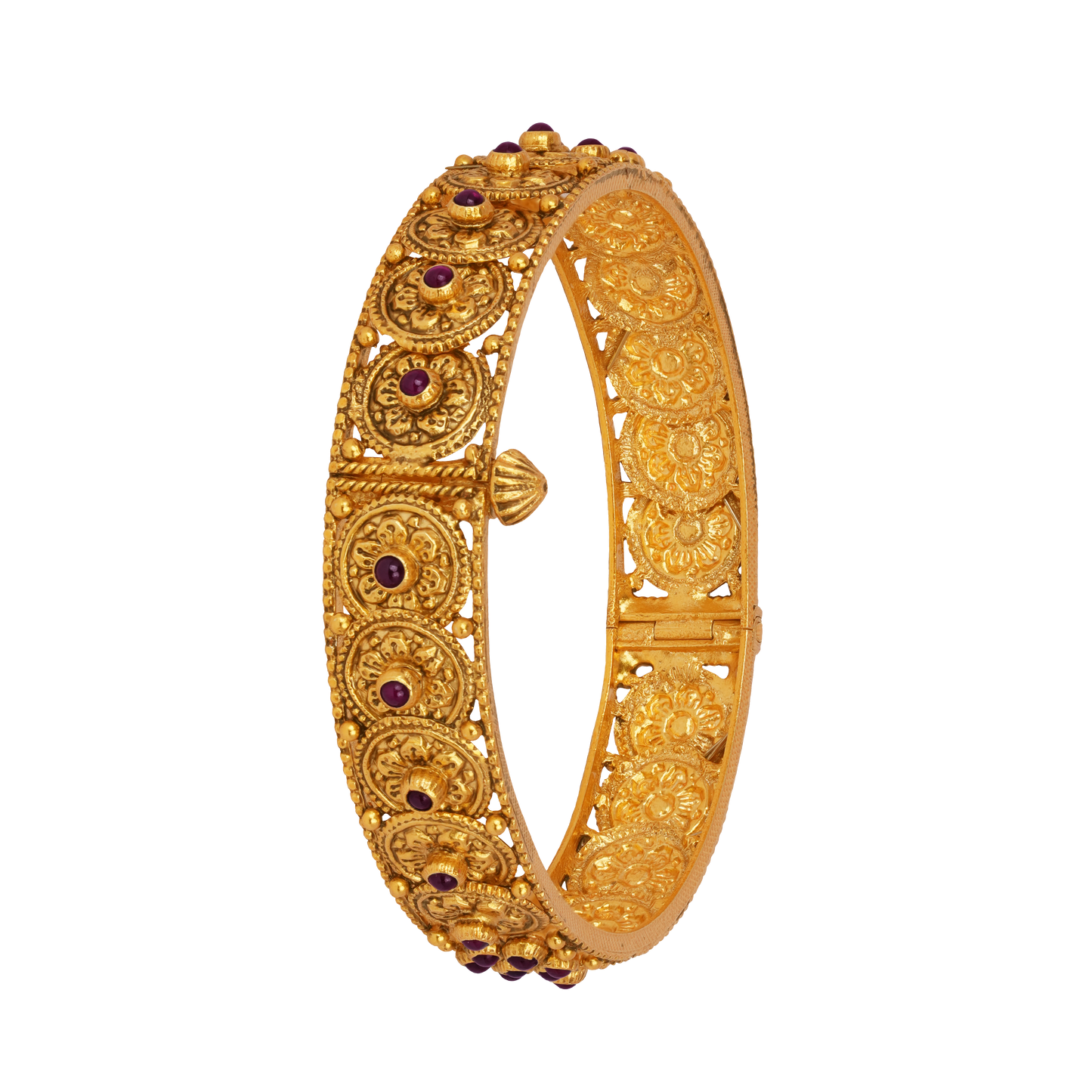 Antique Floral Medallion Gold Bangle with Ruby Studs