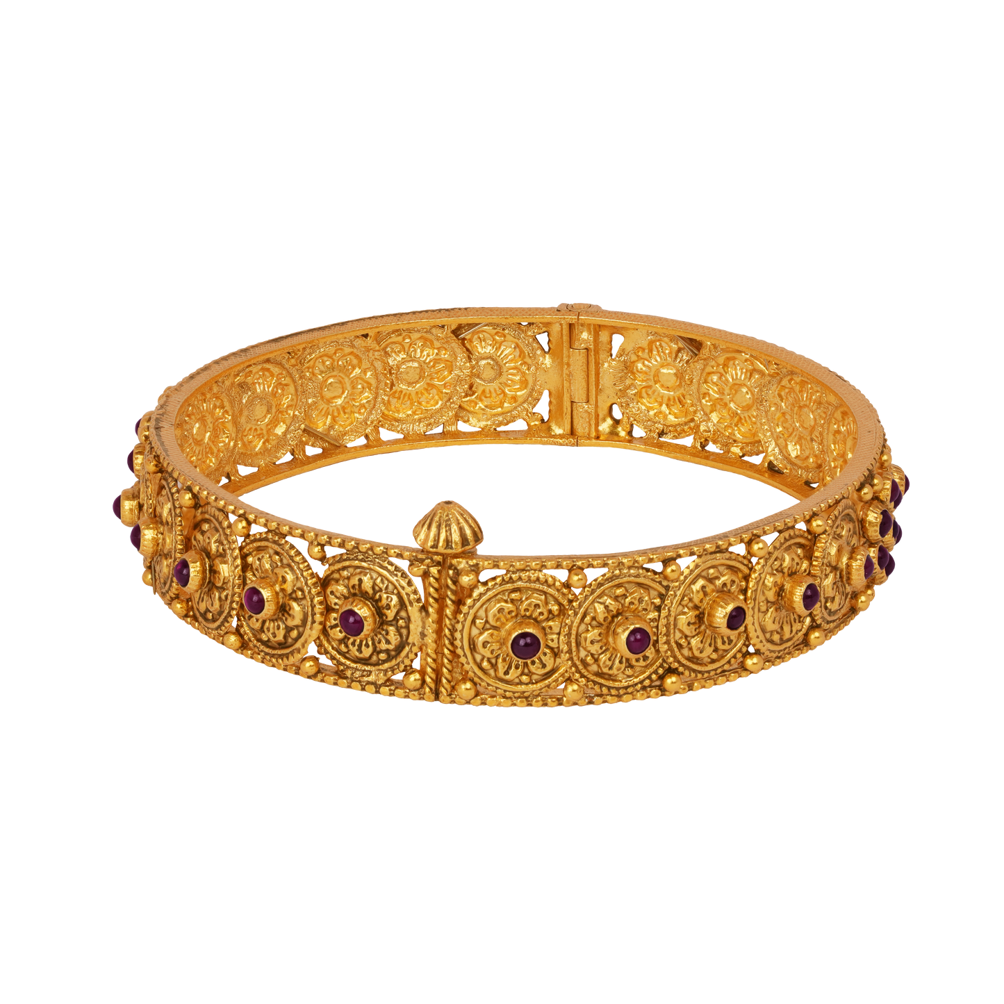 Antique Floral Medallion Gold Bangle with Ruby Studs