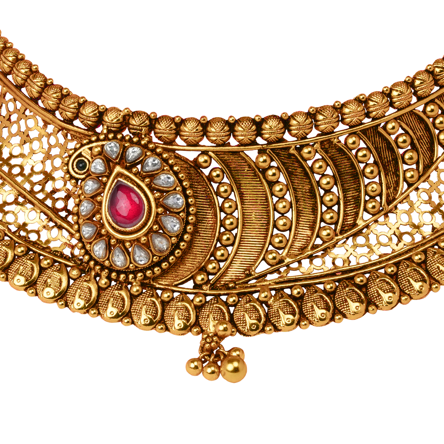 Teardrop Ruby Heritage Choker with Filigree Mesh and Coin Detailing