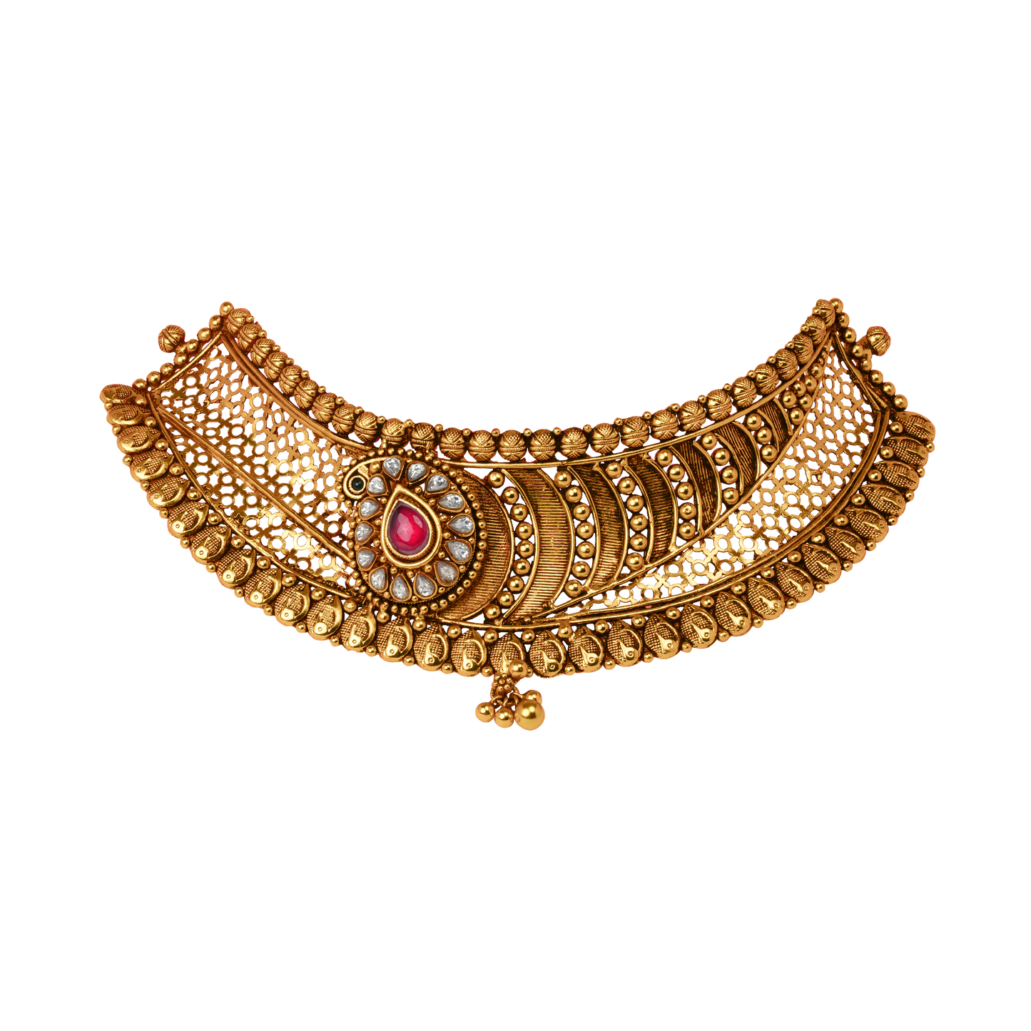 Teardrop Ruby Heritage Choker with Filigree Mesh and Coin Detailing