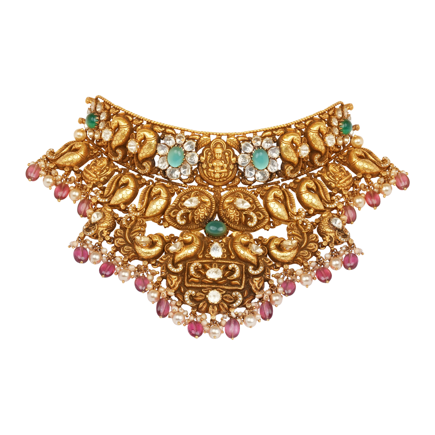 Divine Heritage Temple Necklace with Emerald Accents and Triple-Tiered Motif