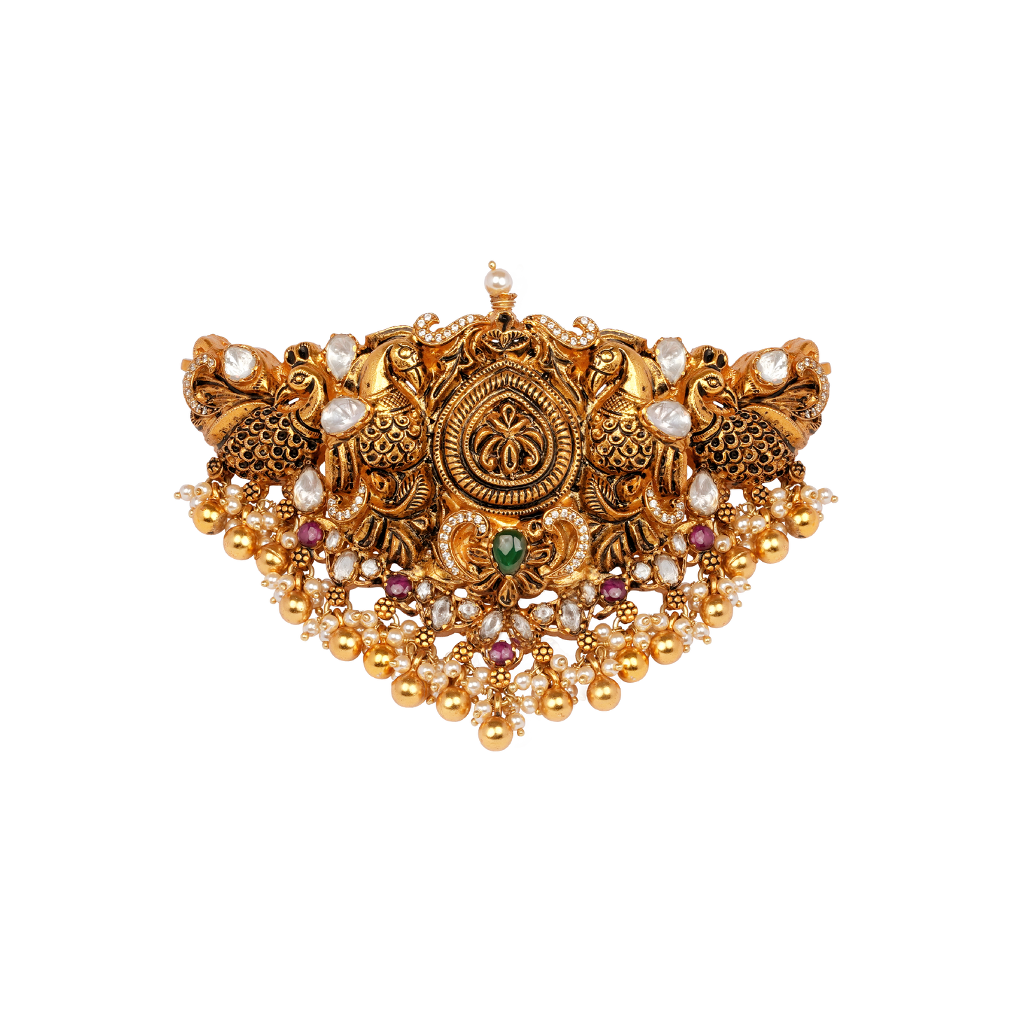 Peacock Emblem Heritage Vanki with Temple Gold Finish and Gem Accents