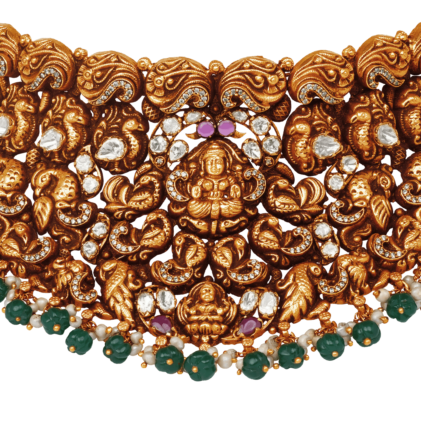 Lakshmi Gaja Vriksha Antique Temple Choker with Emerald Droplets