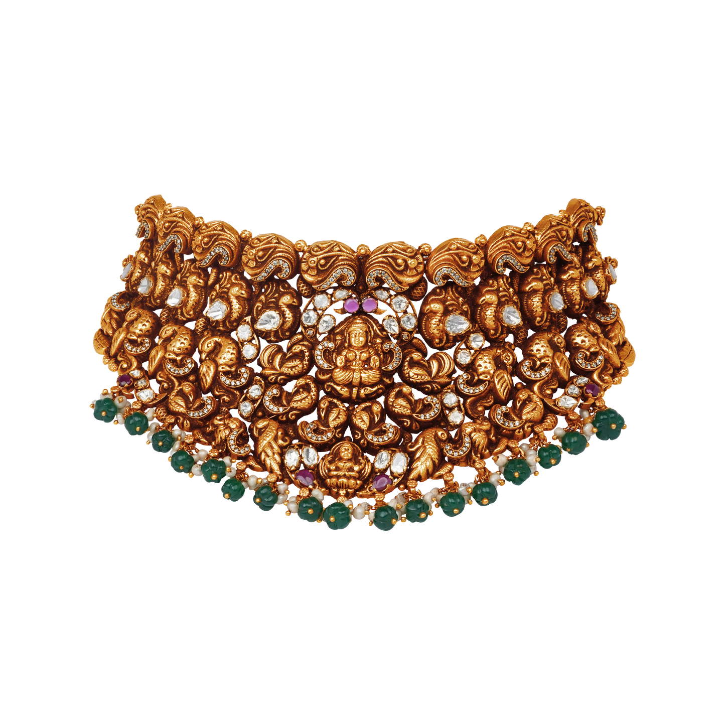 Lakshmi Gaja Vriksha Antique Temple Choker with Emerald Droplets