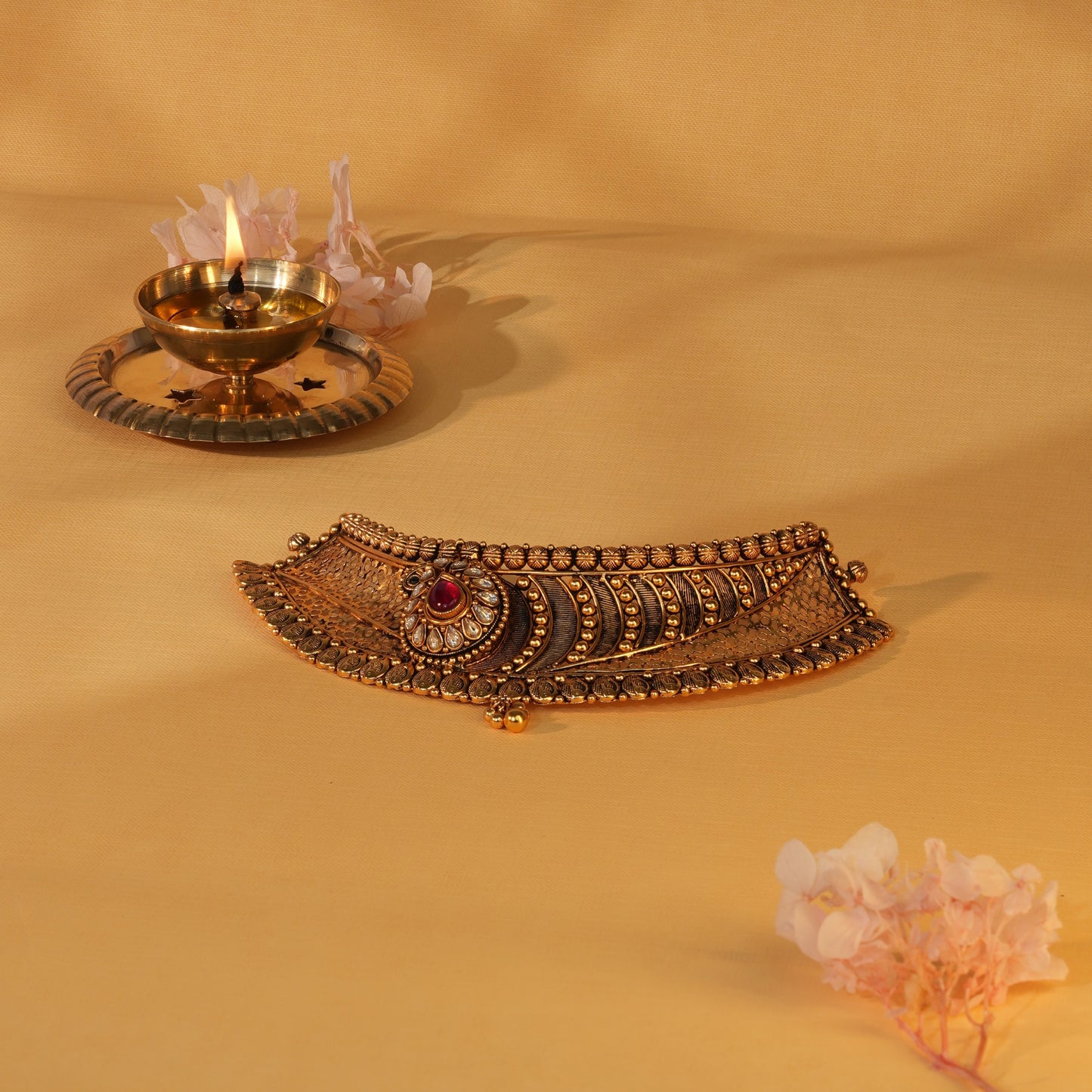Teardrop Ruby Heritage Choker with Filigree Mesh and Coin Detailing