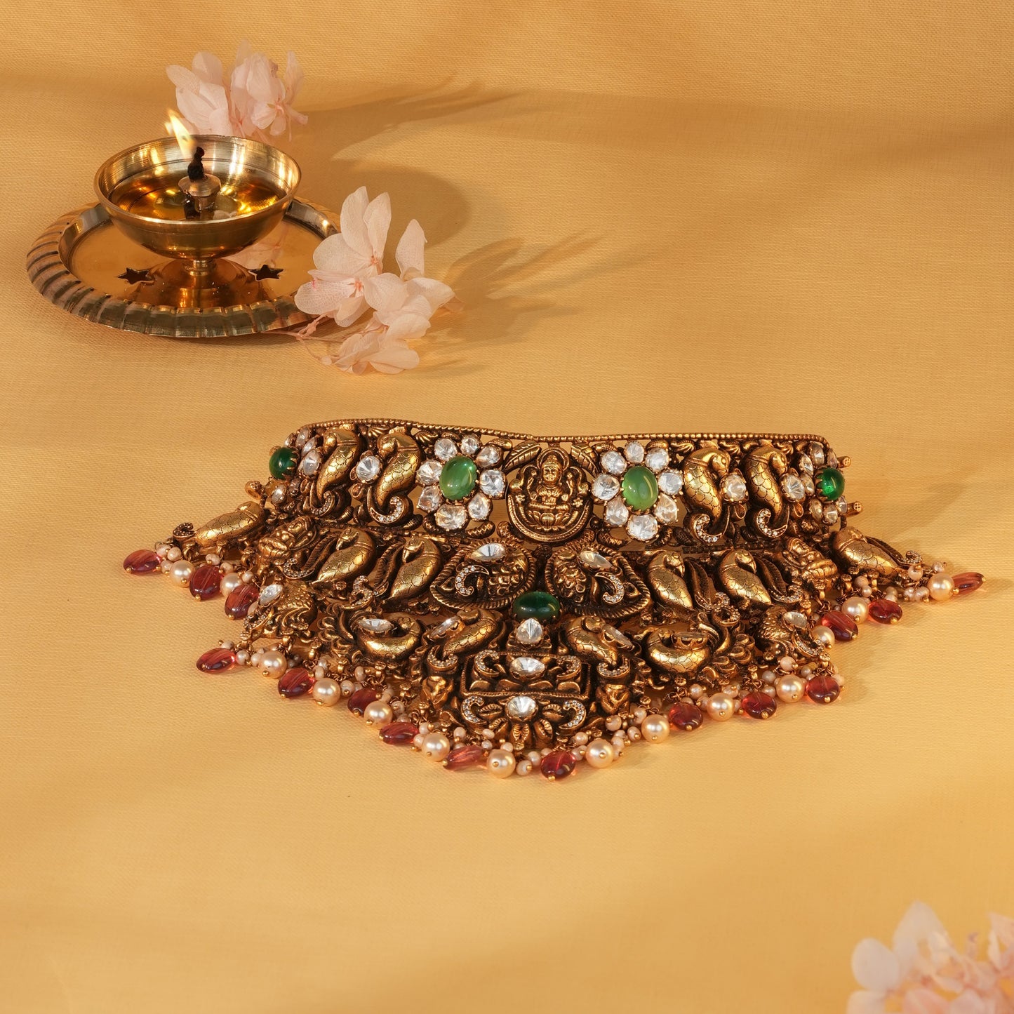 Divine Heritage Temple Necklace with Emerald Accents and Triple-Tiered Motif