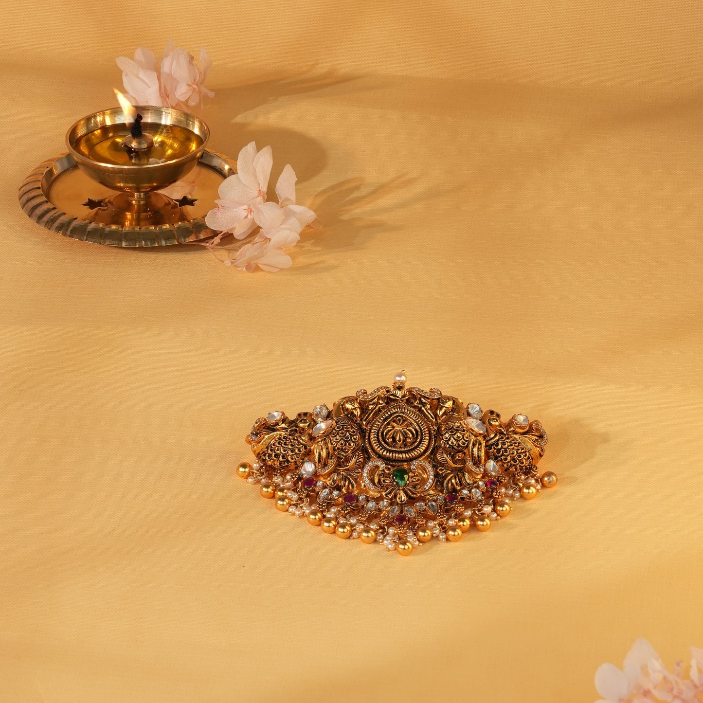 Peacock Emblem Heritage Vanki with Temple Gold Finish and Gem Accents