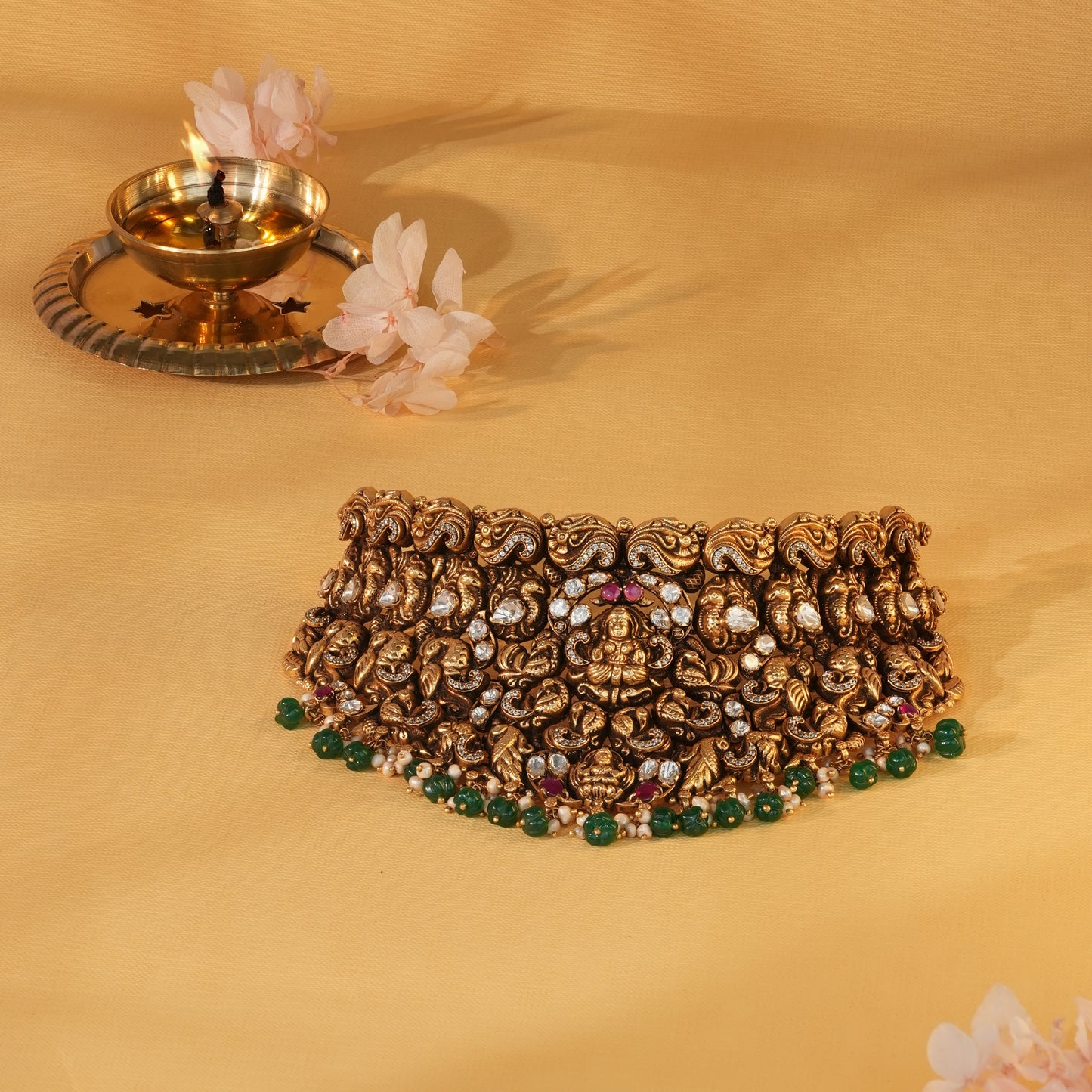 Lakshmi Gaja Vriksha Antique Temple Choker with Emerald Droplets