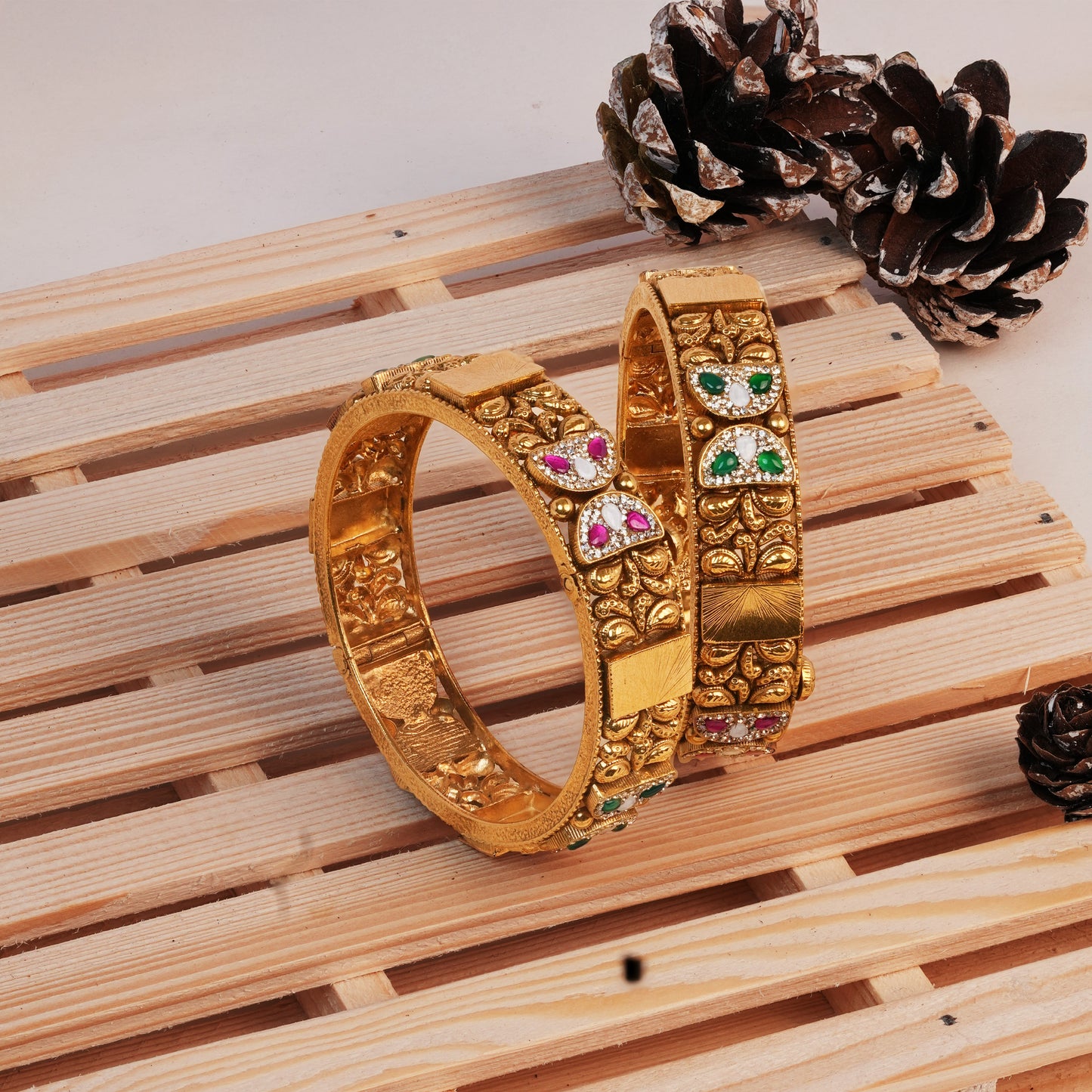 Saanvi Heritage Kada with Ruby-Emerald Panels and Antique Gold Finish