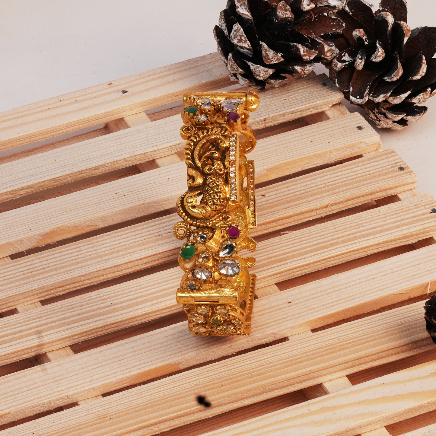 Divine Makara Heritage Bangle with Kundan and Gem Accents