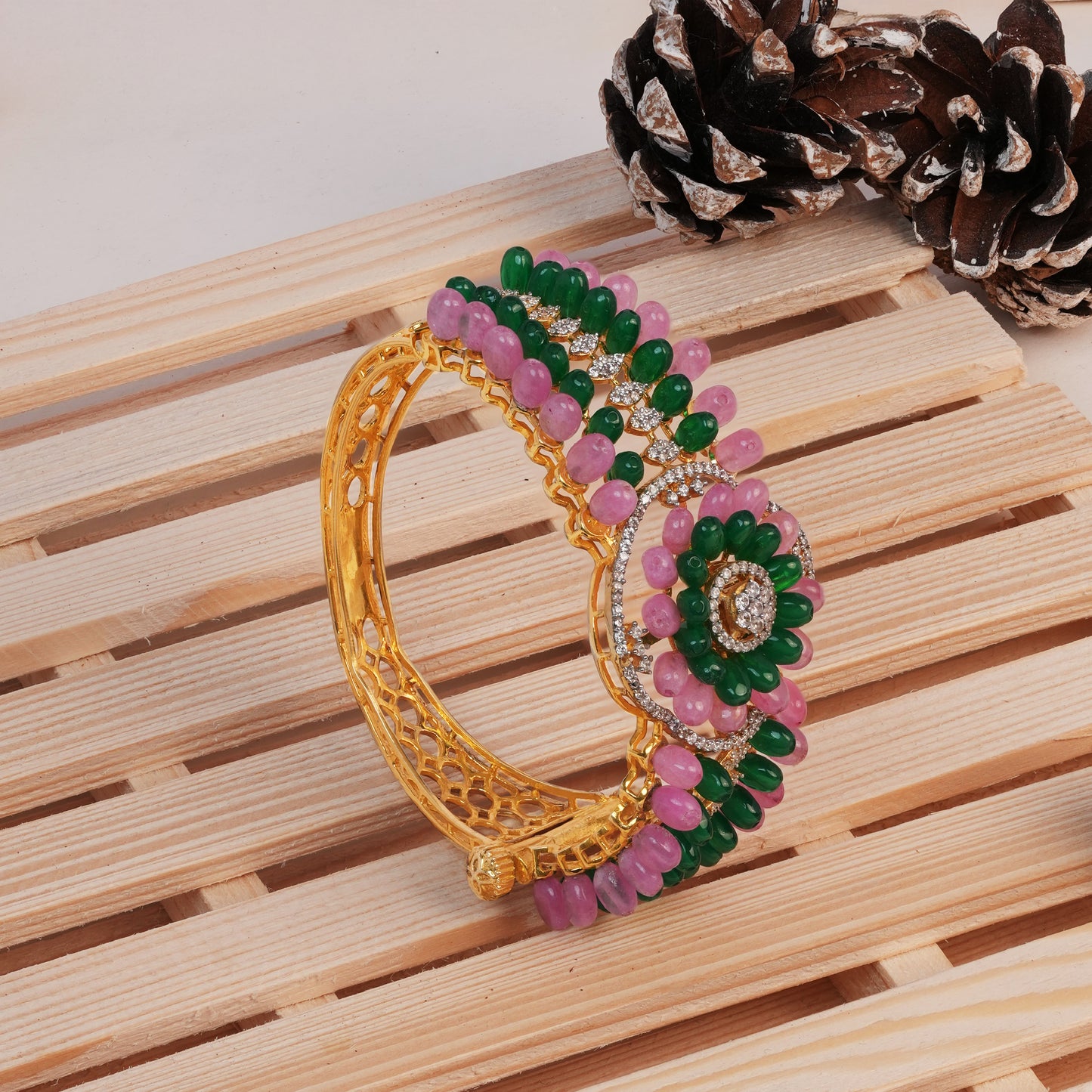 Pushkara Floral Beaded Bracelet with Pink & Green Drops