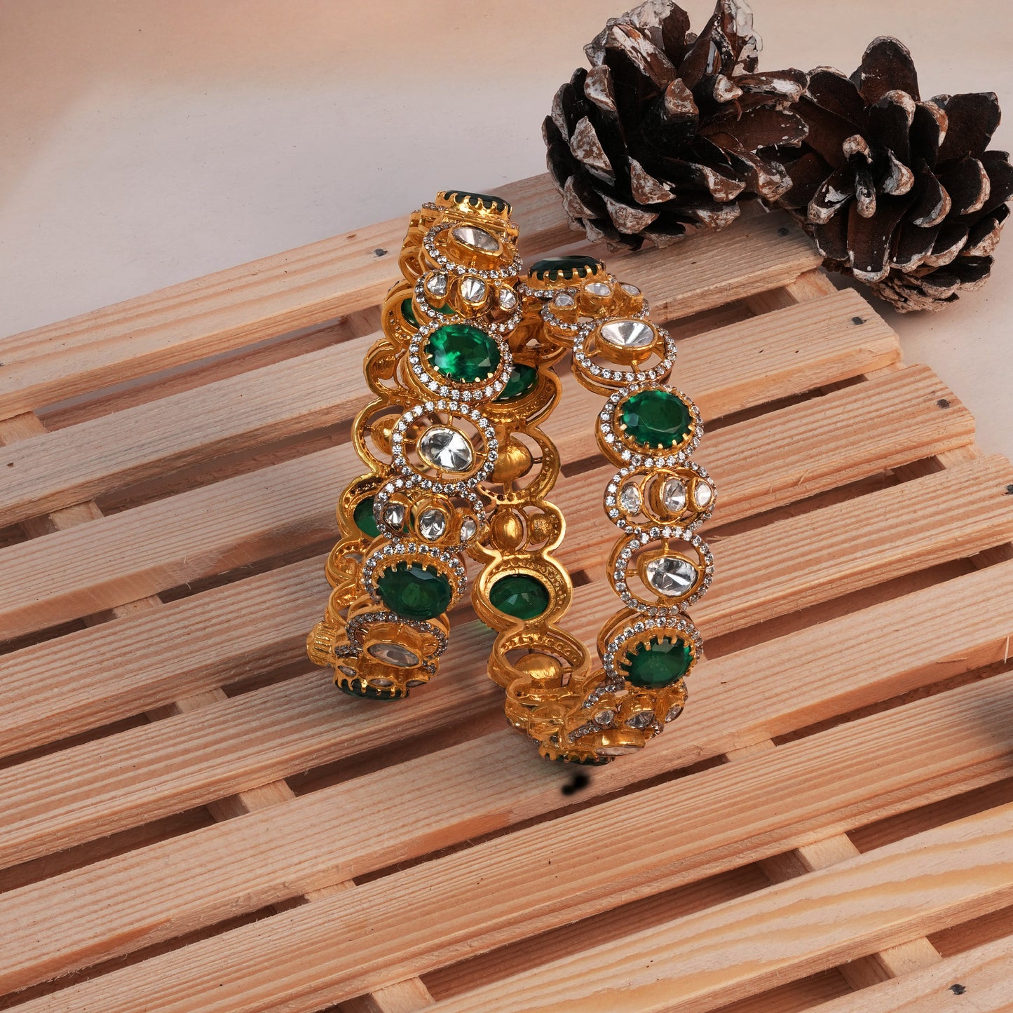 Zarina Emerald Halo Bangle with Crystal Polki Accents