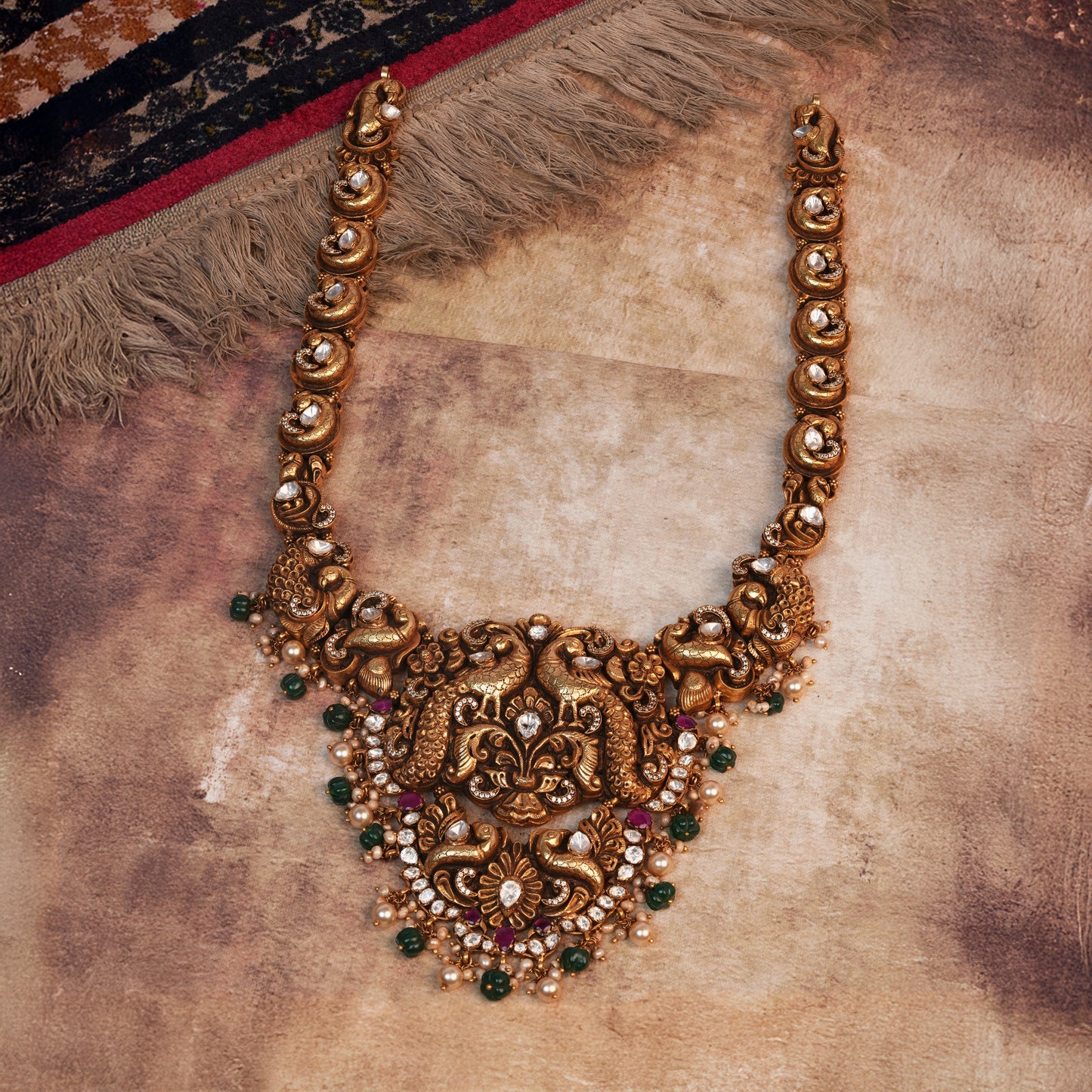 Vasudha Twin Peacock Nakshi Haar with Emerald & Pearl Clusters