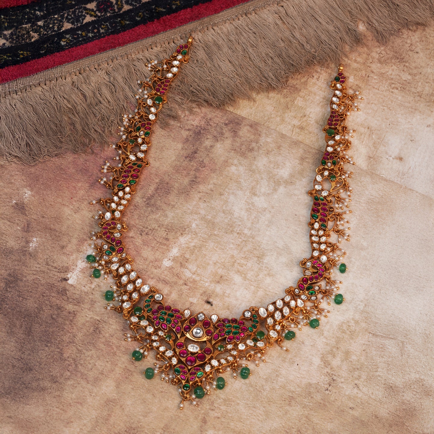 Meher Kundan Peacock Haar with Ruby & Emerald Drops